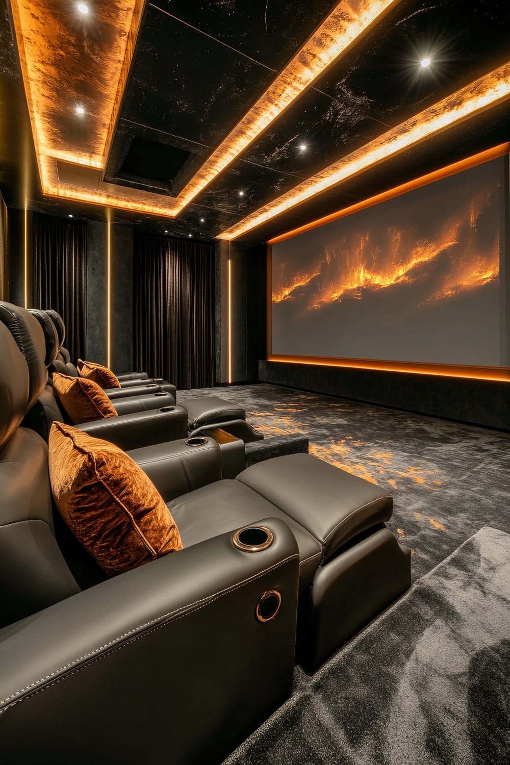 A luxurious home theater room with multiple leather recliner seats arranged in rows, each equipped with cup holders. The seats have orange velvet pillows. The large projection screen at the front displays a dramatic, orange-tinted visual. The room is illuminated by integrated ambient lighting in the ceiling and walls, which feature a black starry design. Thick black curtains frame the corner of the room, adding an element of sophistication.