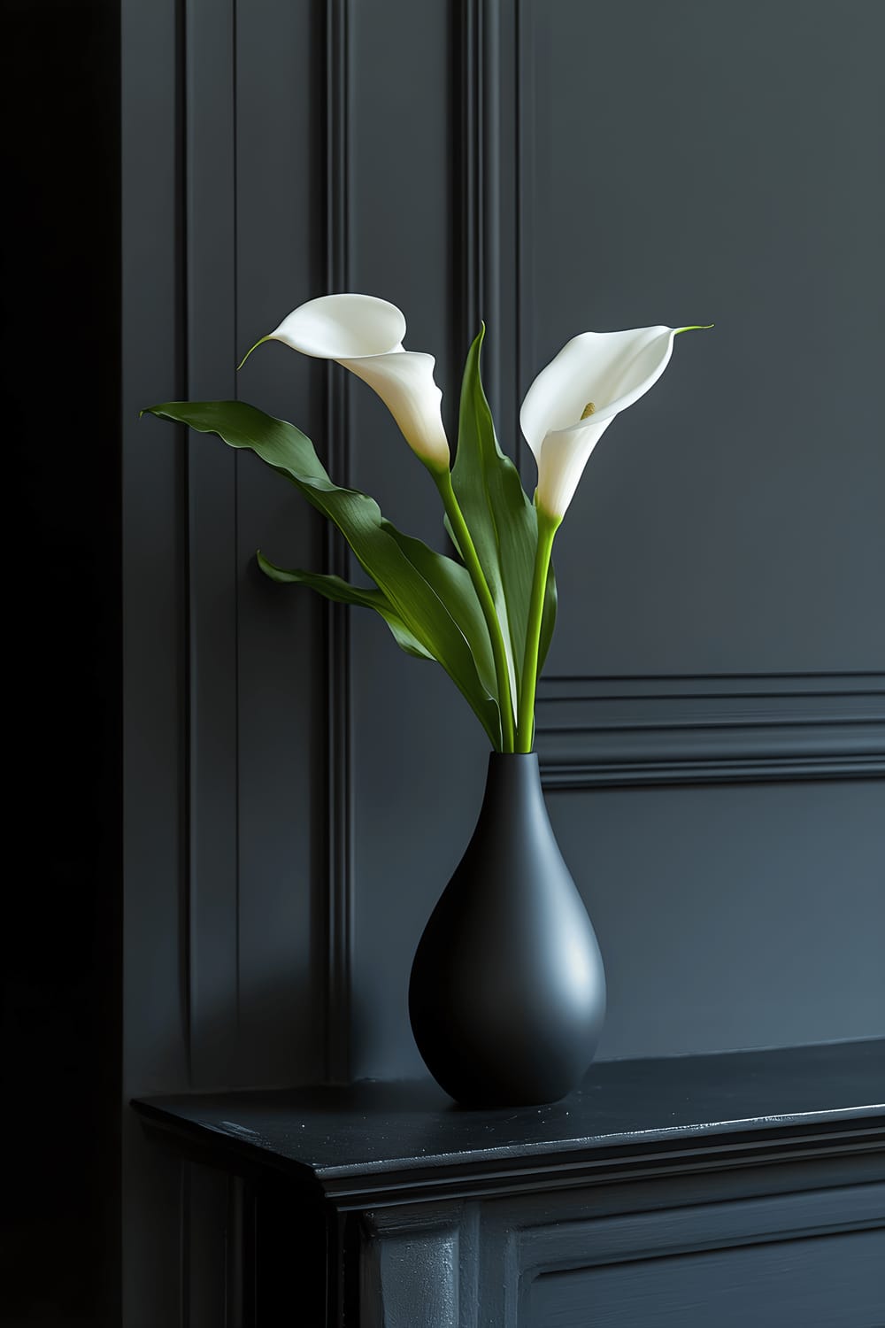 A single, pristine white calla lily stem showcased in a stylish matte black vase located on a dark gray mantel. The flower is elegantly illuminated by a focused amber spotlight. The light emphasizes the graceful curves of the flower and the modern design of the vase.