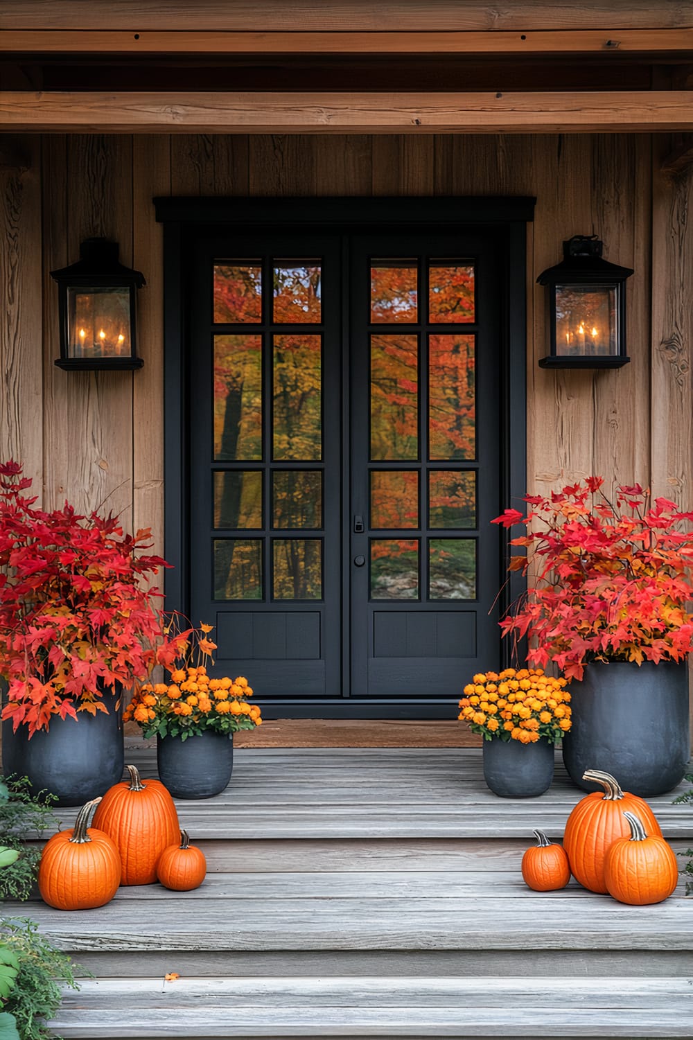 An inviting front porch decorated for autumn. The double doors are black with multiple glass panes reflecting fall foliage. Flanking the doorway are large black planters with vibrant red and orange foliage and yellow flowers. Orange pumpkins are placed on the steps leading to the porch. Wall-mounted lanterns emit a warm glow on either side of the door.