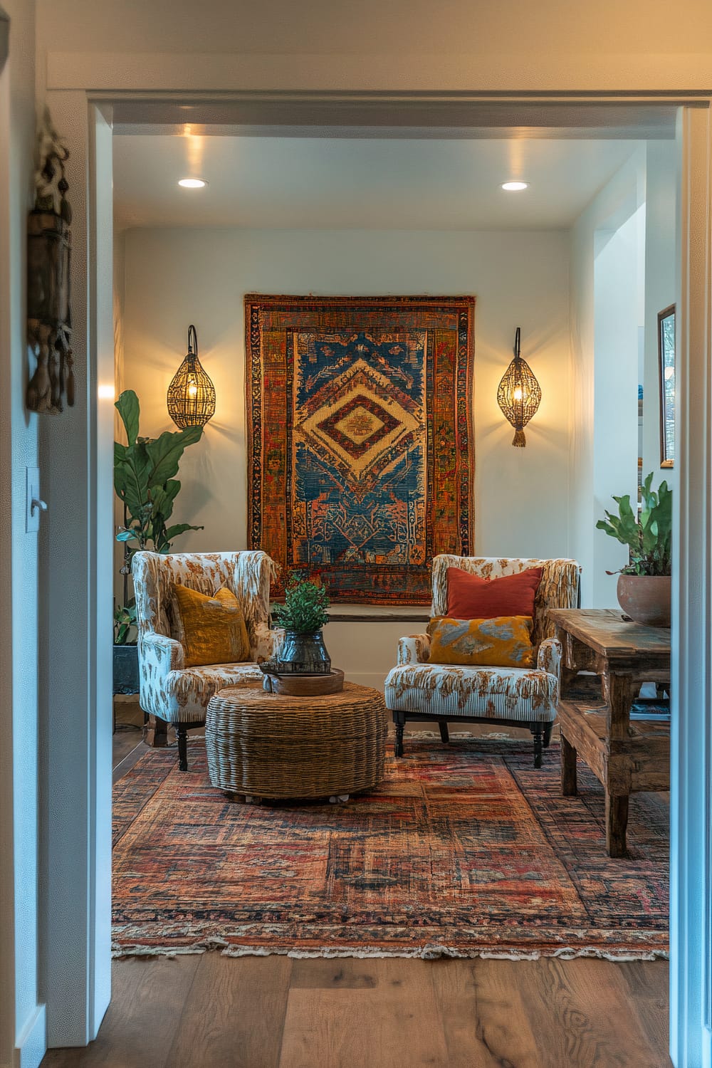 Entrance view into a boho living room featuring a vibrant tapestry, patterned velvet armchairs, a rattan coffee table, potted plants, and decorative lanterns. Natural and ambient lighting highlight the eclectic mix of vintage and modern furnishings.