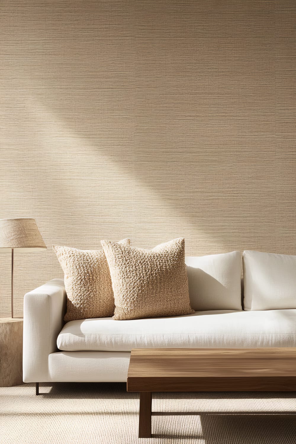 A contemporary living room featuring a feature wall with grasscloth wallpaper. A sleek white sofa with two textured throw pillows is in front of the wall. Beside the sofa is a wooden coffee table, and a minimalist lamp is on a side table. Soft lighting enhances the wall texture.