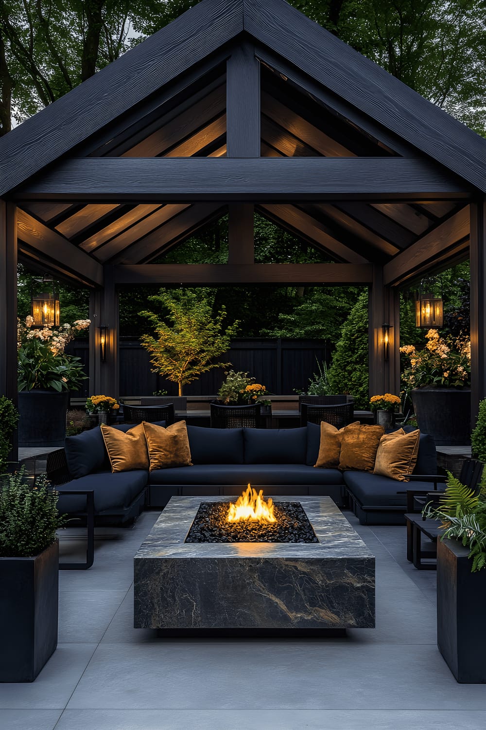 A luxurious outdoor setting captured during twilight, featuring a modern gazebo with a dark wood frame and high ceilings. The gazebo houses a large plush outdoor sofa in deep navy with gold accent pillows, a sleek marble coffee table, and a central stone fire pit surrounded by stylish black chairs. Vibrant potted plants and elegant garden lighting surrounding the gazebo, with the warm firelight and soft ambient lighting enhancing the overall opulence of the scene.