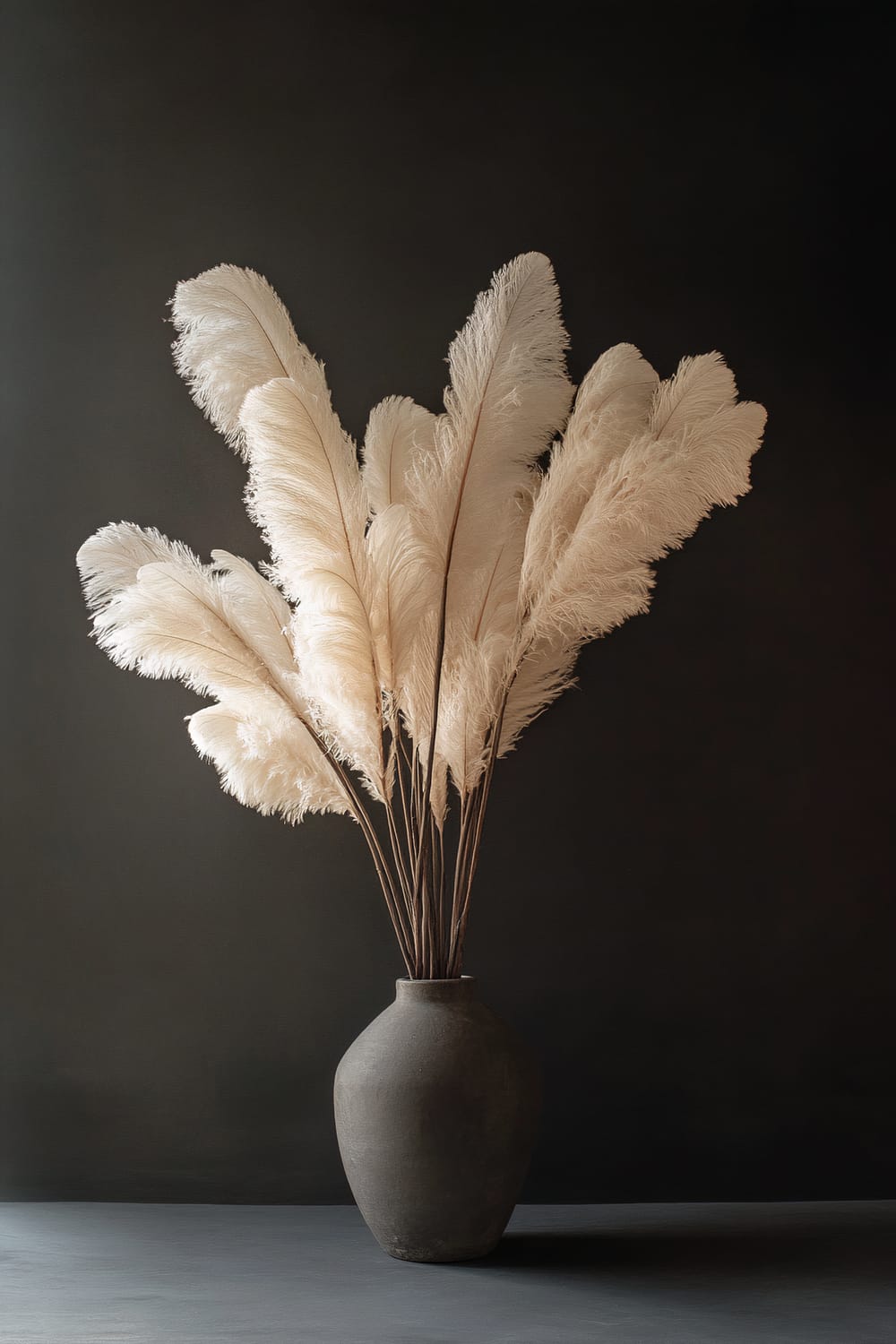 A minimalist arrangement of soft white and beige feathers fanned out gracefully in a simple, modern vase, captured with dramatic side lighting that accentuates their delicate textures and graceful lines against a dark background.