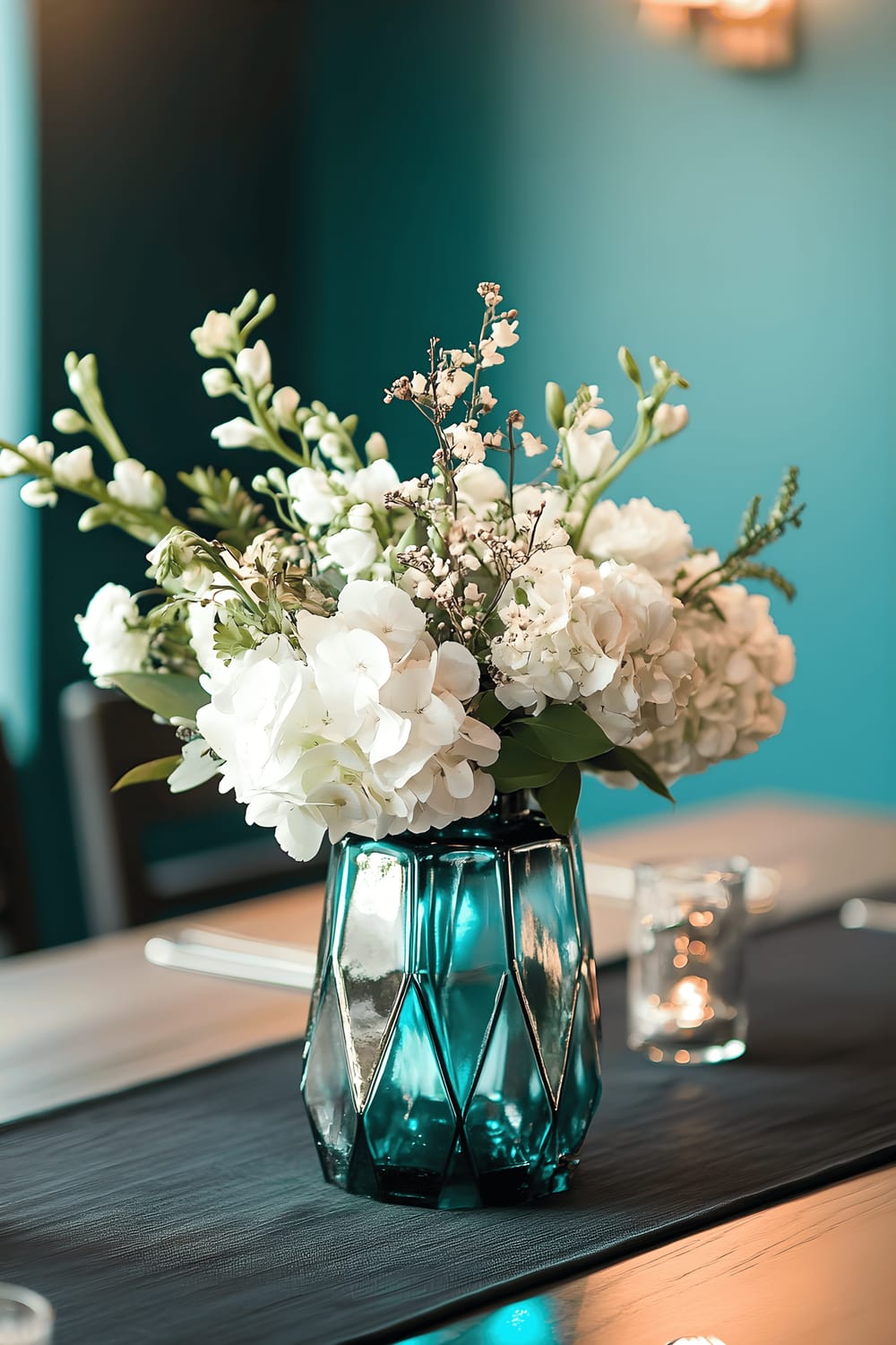 A minimalist dining room features a sophisticated centerpiece on the reclaimed wood dining table. The centerpiece includes an angular teal glass vase teamed with silver-grey metallic flowers and small white flower accents. The table also showcases a subtle black runner against the backdrop of a rich teal wall. The room is softly lit, emphasizing the bold blue of the vase and the metallic flowers.