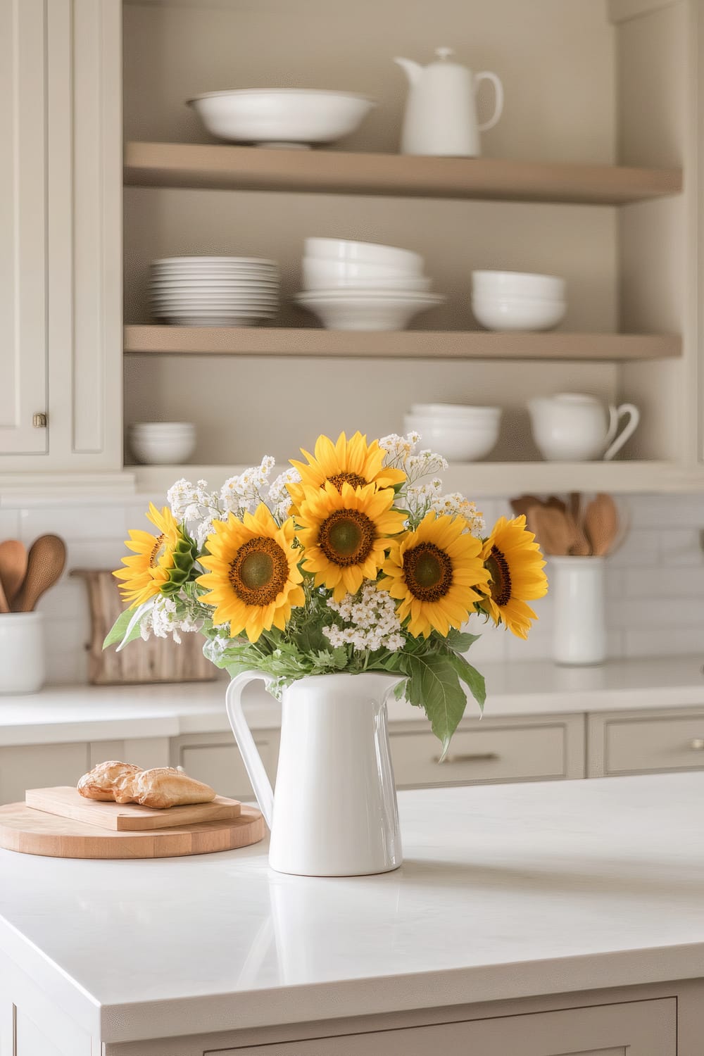 A bright and airy kitchen featuring a white vase with sunflowers on a marble countertop. The kitchen has open shelves with neatly arranged white dishes and utensils. In the background, there are gray cabinets and a backsplash of white tiles. A wooden cutting board with pastries is also on the counter.