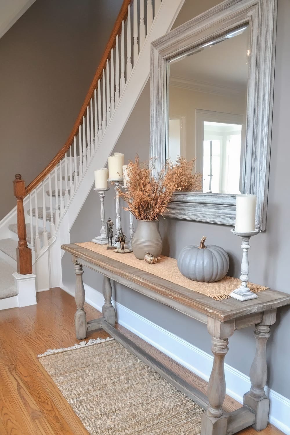 A well-decorated hallway featuring a wooden staircase with white balusters and a polished wooden railing. Below the staircase, a rustic wooden console table holds a large, grey-framed mirror. The console is adorned with tall white candles on decorative holders, a vase with dried autumnal foliage, a grey pumpkin, and small statues. A beige woven runner is placed on the tabletop, and a woven rug lies on the wooden floor.