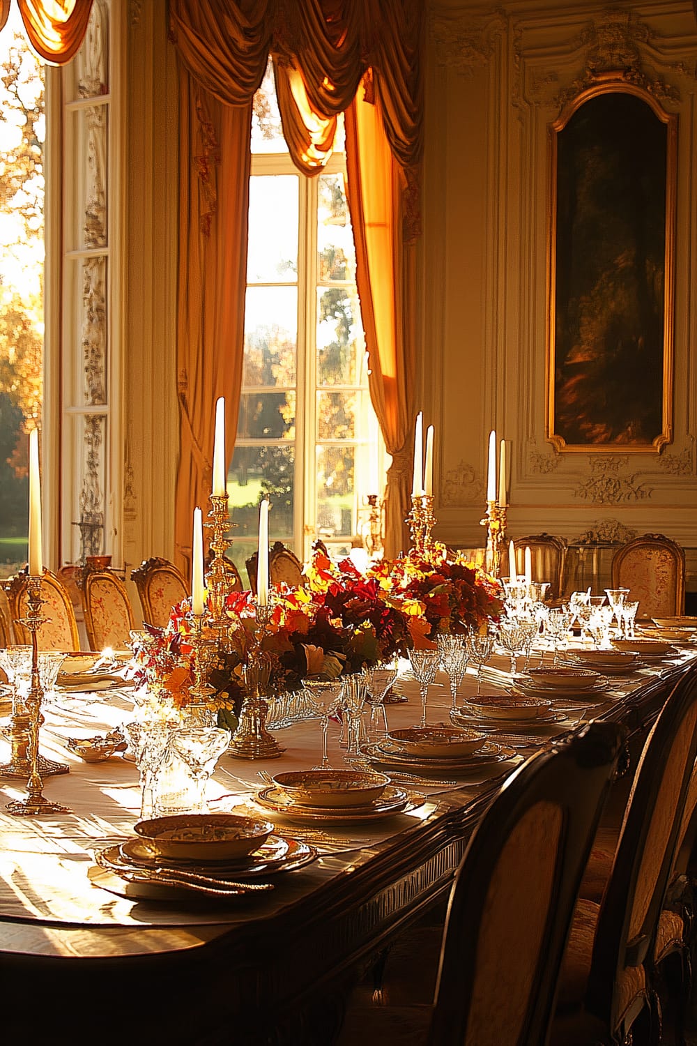 Opulent dining room featuring a long, elegant dining table exquisitely set with fine china, crystal glasses, and ornate candlesticks holding tall, white candles. The table is adorned with luxurious floral centerpieces predominantly in shades of red and orange. Surrounding the table are elaborately designed chairs with intricate, gold detailing and plush upholstery. Large, draped windows with rich, golden curtains allow warm sunlight to filter into the room. The walls are decorated with detailed moldings and classic framed paintings, creating a regal atmosphere.