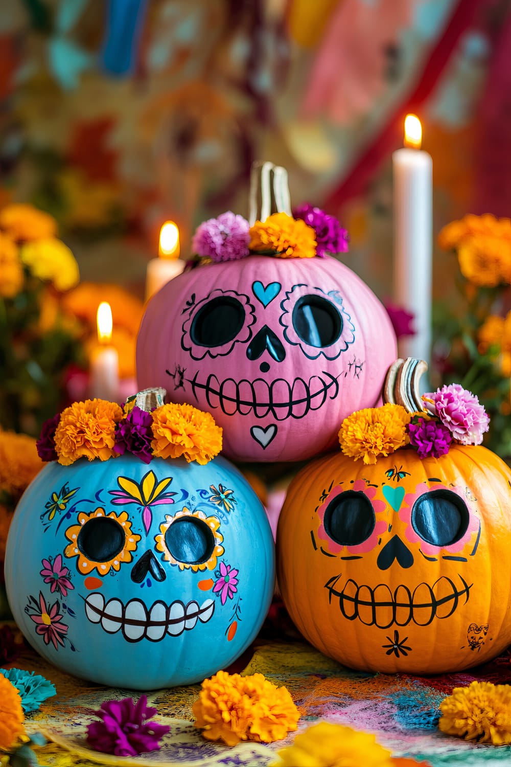 Colorful painted pumpkins decorated with designs inspired by Dia de los Muertos, featuring vibrant skull faces and floral motifs. Three pumpkins, in shades of pink, blue, and traditional orange, are adorned with Marigold and other flowers. Background includes candles and more Marigold flowers.