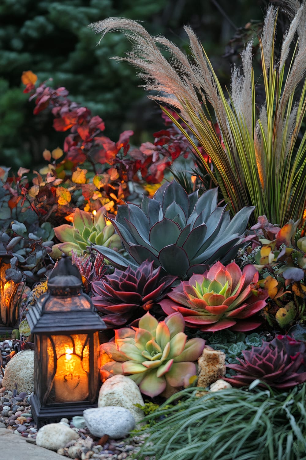 An enchanting garden scene featuring succulents in a variety of vibrant colors, such as green, purple, and red, lit up by glowing lanterns. There is also pampas grass and assorted foliage plants with rocks dispersed throughout the garden.