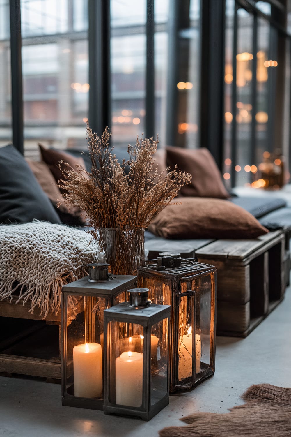 The image features a cozy indoor seating area with a rustic and industrial aesthetic. In the foreground, there are three metal lanterns with lit candles inside, emanating a warm and inviting glow. The lanterns are placed on a grey concrete floor beside a dried flower arrangement in a glass vase. Behind them, there is a seating area with soft cushions and a knitted throw blanket atop a wooden pallet-like base. Floor-to-ceiling windows in the background reveal an urban cityscape with blurred lights, adding to the ambient setting.