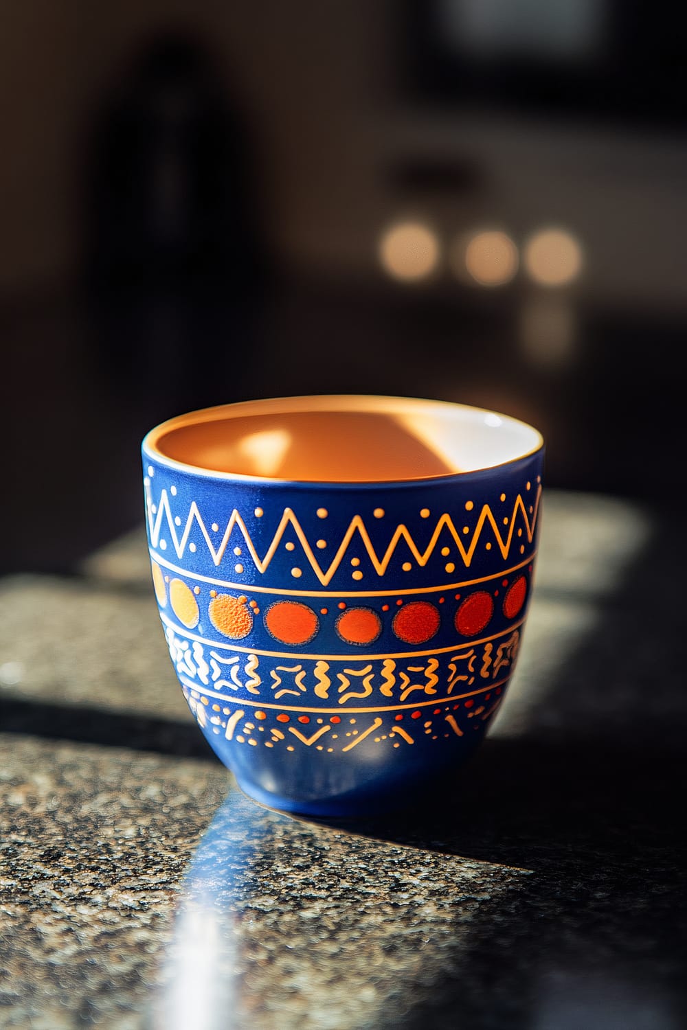 A striking close-up of a blue ceramic cup with minimalist festive patterns, placed on a dark granite kitchen surface. The cup is illuminated by a spotlight from the side, enhancing its vibrant blue color and intricate designs and casting sharp shadows. The background is clean, keeping the focus on the cup.