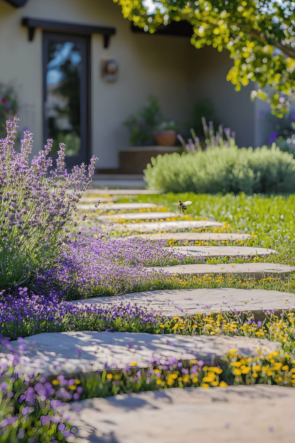 A vibrant, low-maintenance garden with lush groundcover of creeping thyme, chamomile, and drought-resistant sedges, interspersed with large, flat stepping stones. Bees can be seen buzz above this multicolor carpet of foliage, adding to the serenity of the scene.