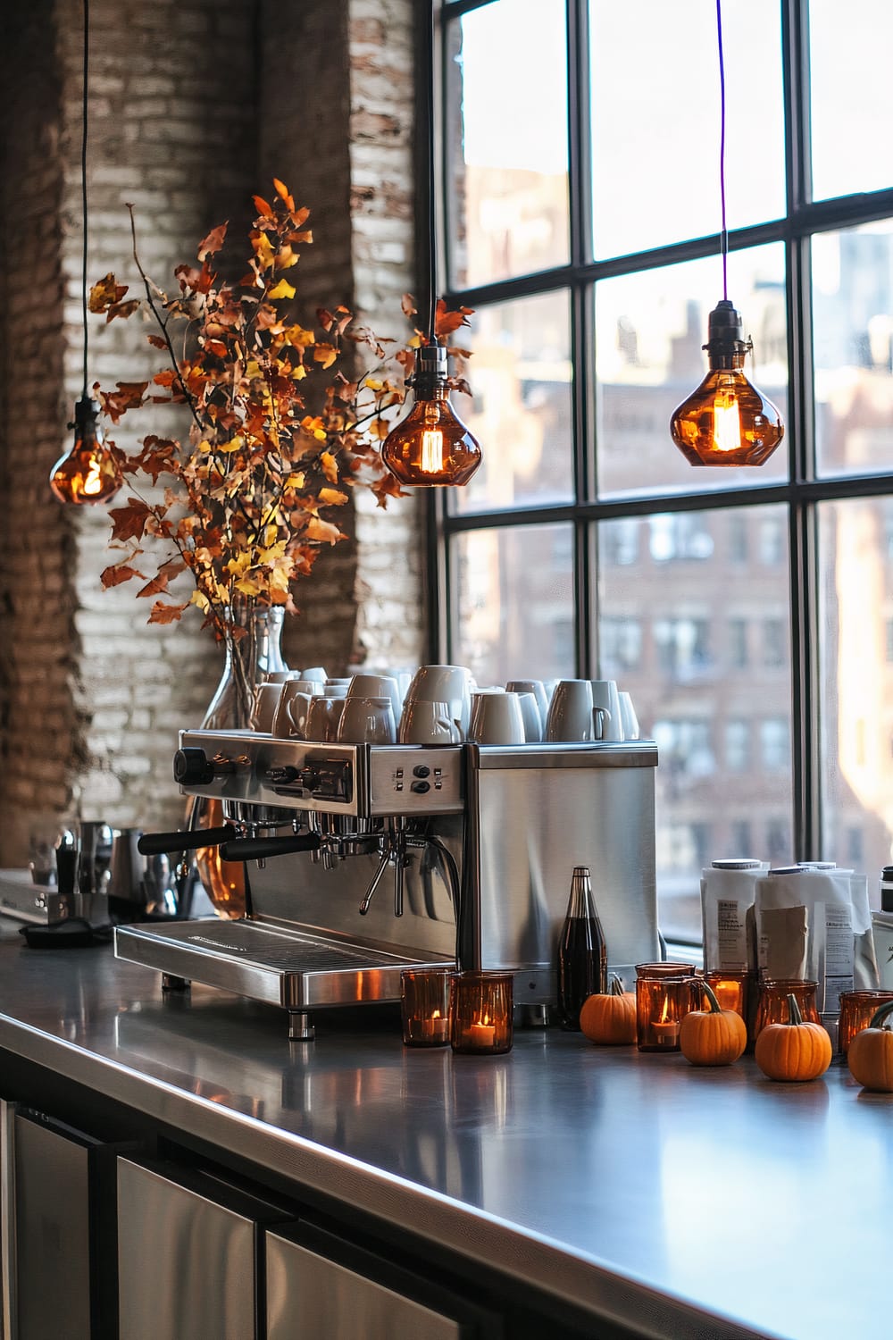 An industrial-style coffee bar with a stainless steel espresso machine, white cups stacked on top, and fall-themed decorations including small pumpkins and amber glass candle holders. The bar is set against a large window with a cityscape view and exposed brick walls. Pendant lights with amber glass shades hang over the counter.