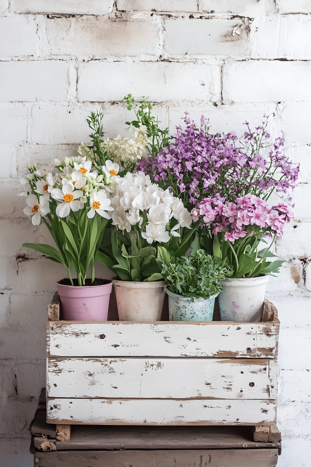 A shabby chic display featuring potted spring flowers in muted tones resting on, and within, a repurposed wooden crate with distressed paint revealing soft pastel undertones, against an aged, white brick wall background.