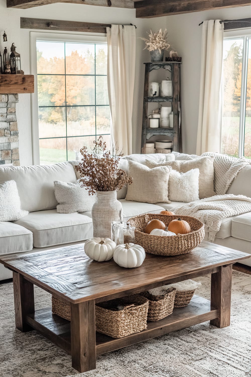 A warmly lit living room showcases a rustic farmhouse aesthetic. A large L-shaped cream-colored sectional sofa, adorned with textured throw pillows and a knitted blanket, creates a focal point. In front of the sofa, a wooden coffee table displays a woven basket with orange and white pumpkins, glass jars with candles, and a white vase filled with dried flowers. Beneath the table, more woven baskets provide storage. Behind the sofa, tall windows framed by thick beige curtains reveal a scenic view of autumn foliage. A rustic bookshelf with decorative items, including vintage ceramic pieces and small plants, stands in one corner, and a stone fireplace with a wooden mantel completes the inviting scene.