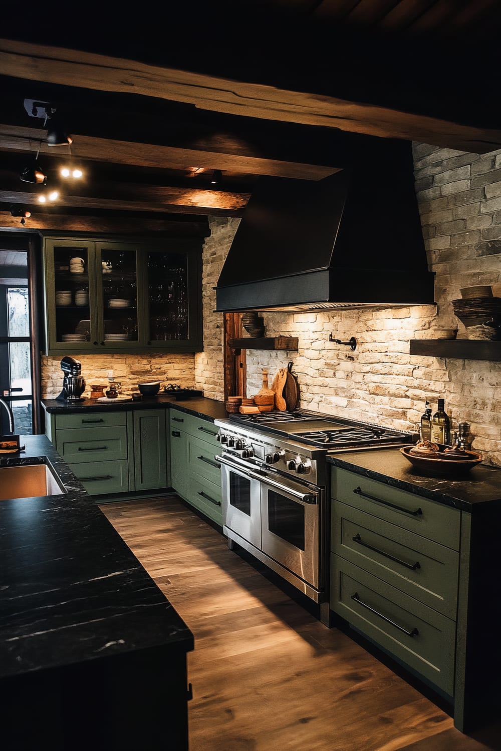 A moody farmhouse kitchen with dark olive cabinets and deep black granite countertops. The stainless steel range stands out against the dark backdrop. Ambient lighting from recessed ceiling fixtures and under-cabinet LED lights cast a subtle glow. Textured stone backsplash and exposed brick walls add depth and character to the space.