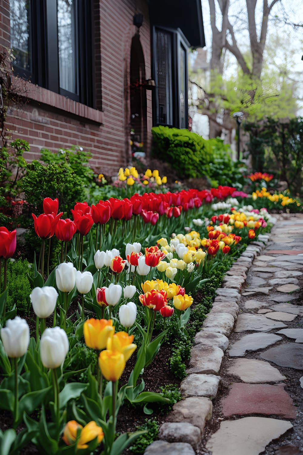 A picturesque small front garden with a raised flower bed showcasing vibrant red, white, and yellow tulips, bordered with natural stones. The garden is surrounded by healthy greenery and simple decorative garden lights add a soft glow to the scene.