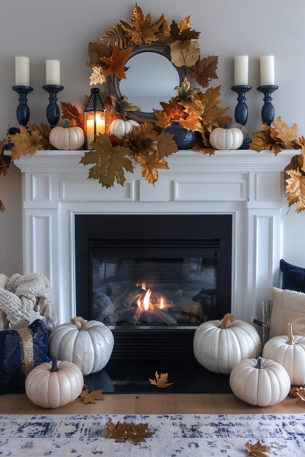 A cozy living room scene features a white fireplace with a burning fire. The mantel is adorned with white pumpkins, golden fall leaves, pinecones, a small lantern, and dark blue candle holders with white candles. The floor has a light-colored patterned rug and more white pumpkins. A cream knit blanket is draped over a blue basket, and throw pillows are arranged on the floor beside the fireplace.