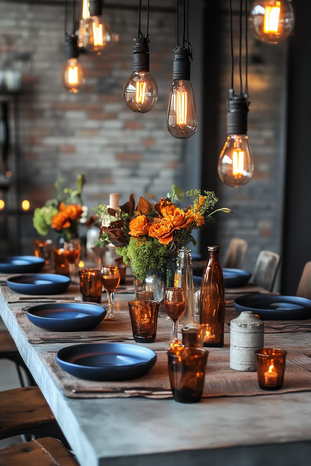 An industrial-inspired Thanksgiving table setting featuring bold cobalt blue plates, amber glassware, and exposed metal table runners. Statement Edison bulb lighting hangs overhead, illuminating vibrant orange and green floral arrangements in a rugged yet refined atmosphere.