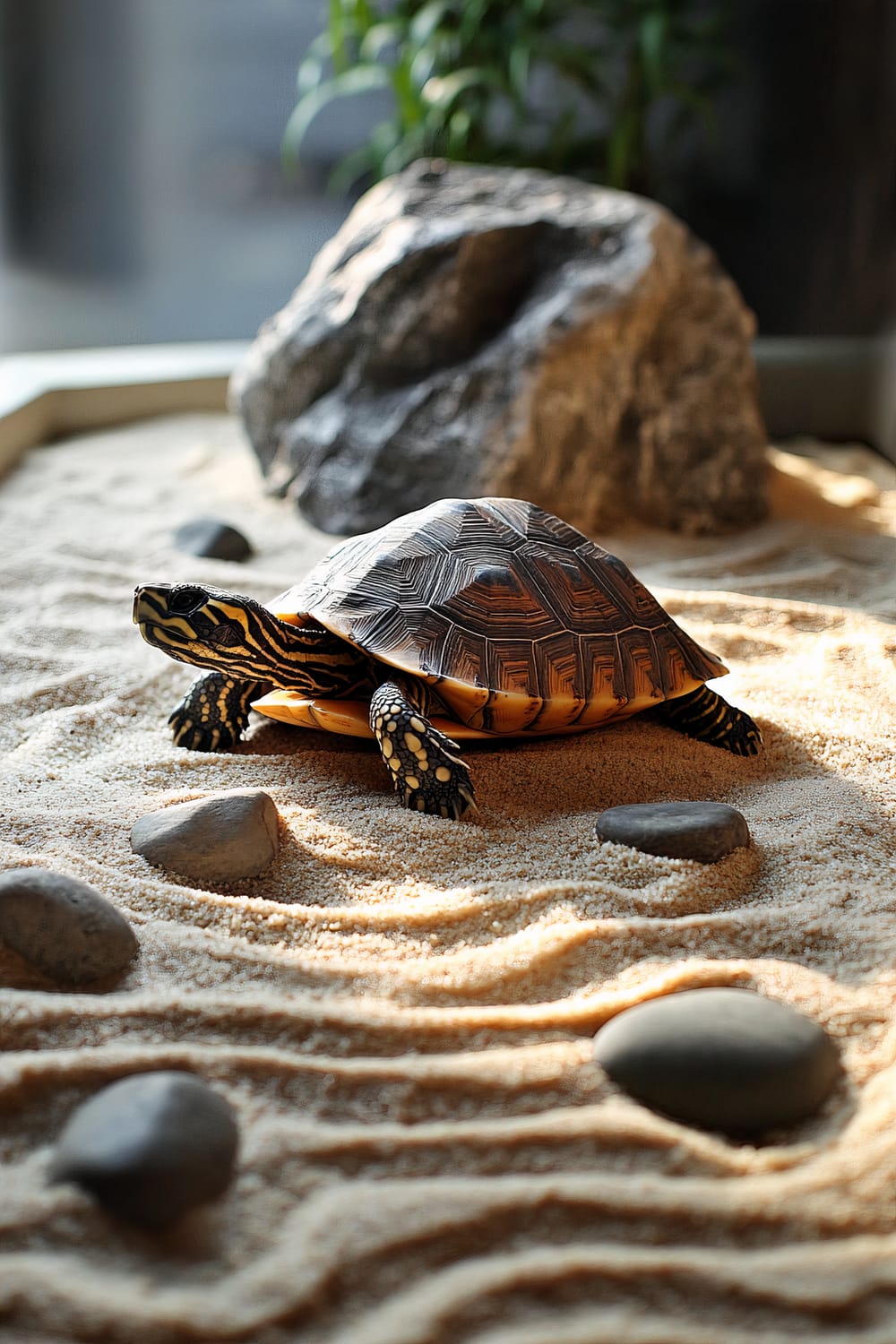 A turtle with intricate shell patterns sits on sand inside an indoor enclosure. The scene includes several smooth stones and a large rock near the back. Sunlight streams into the enclosure, casting soft shadows and highlighting the textures in the sand.