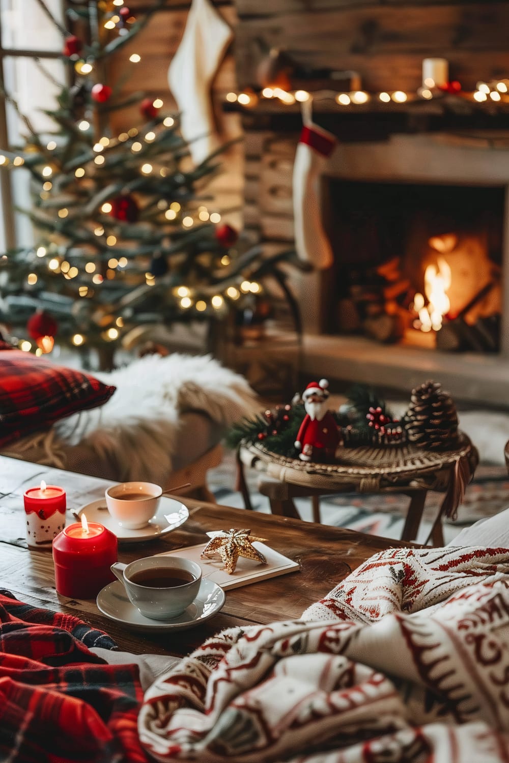 A festive, warmly-lit living room with a decorated Christmas tree and a fireplace. The scene includes a wooden coffee table with two cups of coffee, red candles, and holiday decor, including a small Santa figurine.