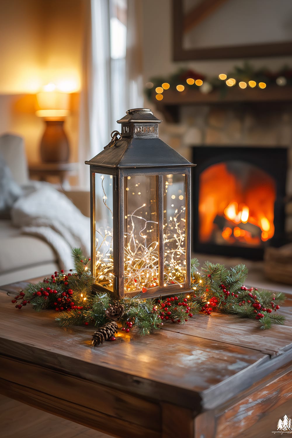 An inviting living room features a rustic wooden coffee table adorned with a large lantern filled with glowing string lights, surrounded by festive greenery and red berries. In the background, a stone fireplace emits a warm glow, with a garland decorated with lights on the mantel. Soft lighting from a distant lamp and cozy furnishings complete the scene.