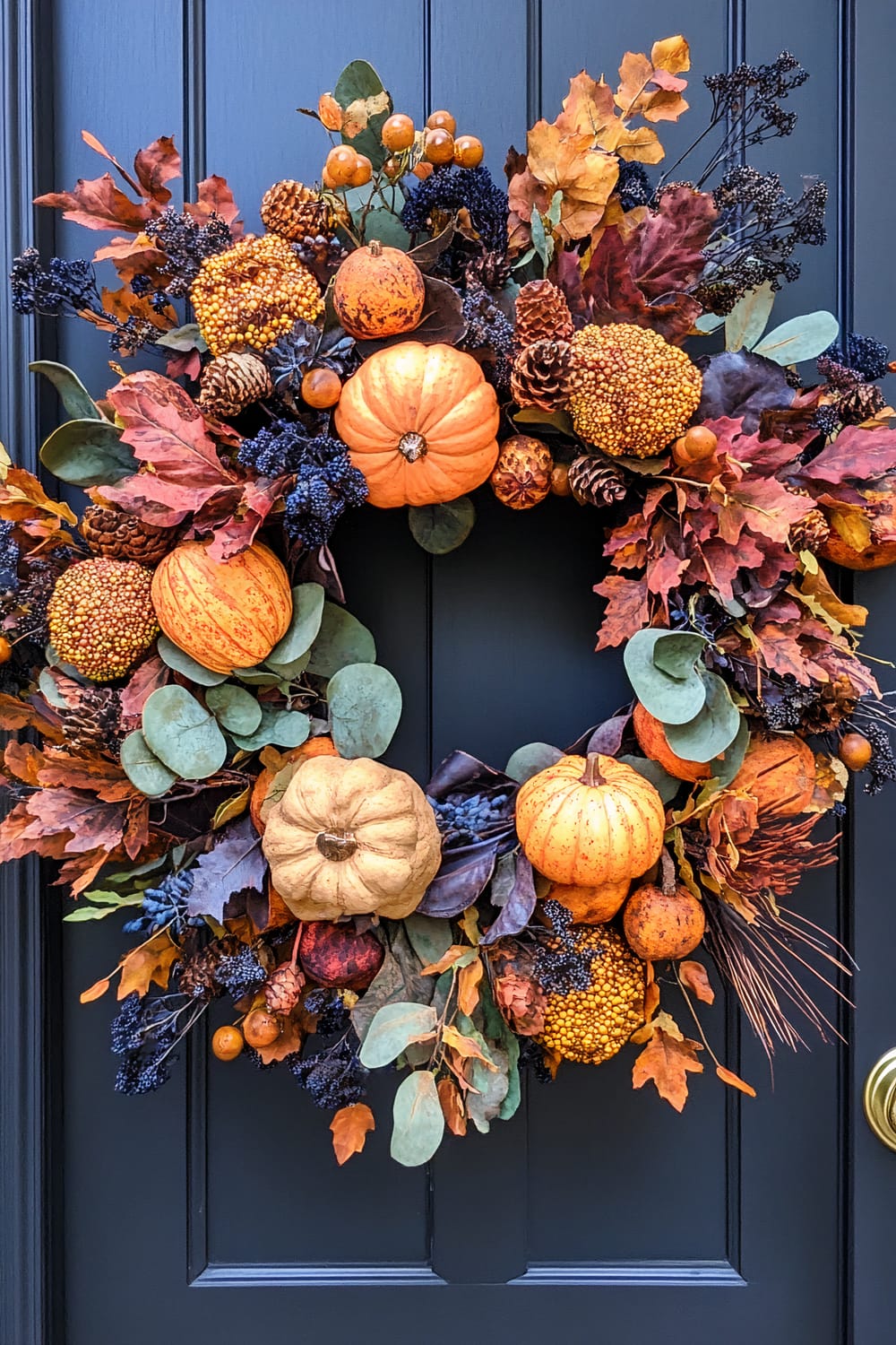 An autumn-themed wreath with an arrangement of small pumpkins, pine cones, multicolored faux leaves, and berries inside a dark background.