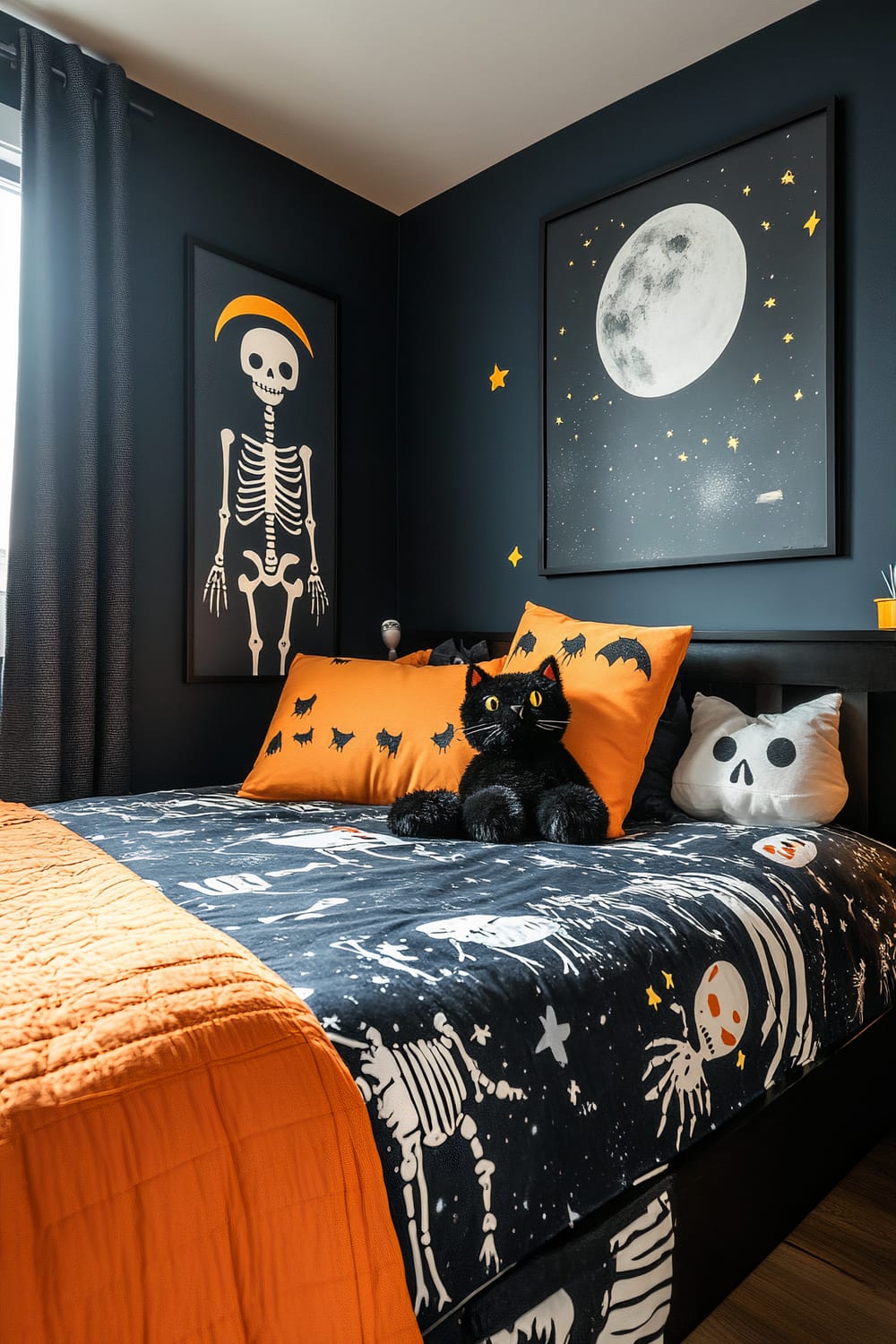 A Halloween-themed bedroom features dark walls and matching bed linens adorned with spooky prints of skeletons and stars. The bed is decorated with orange and black pillows, including one with bat patterns and a black cat plush toy. Above the bed, two large framed prints are displayed; one with a full moon surrounded by stars and the other showcasing a skeleton with an orange crescent moon.