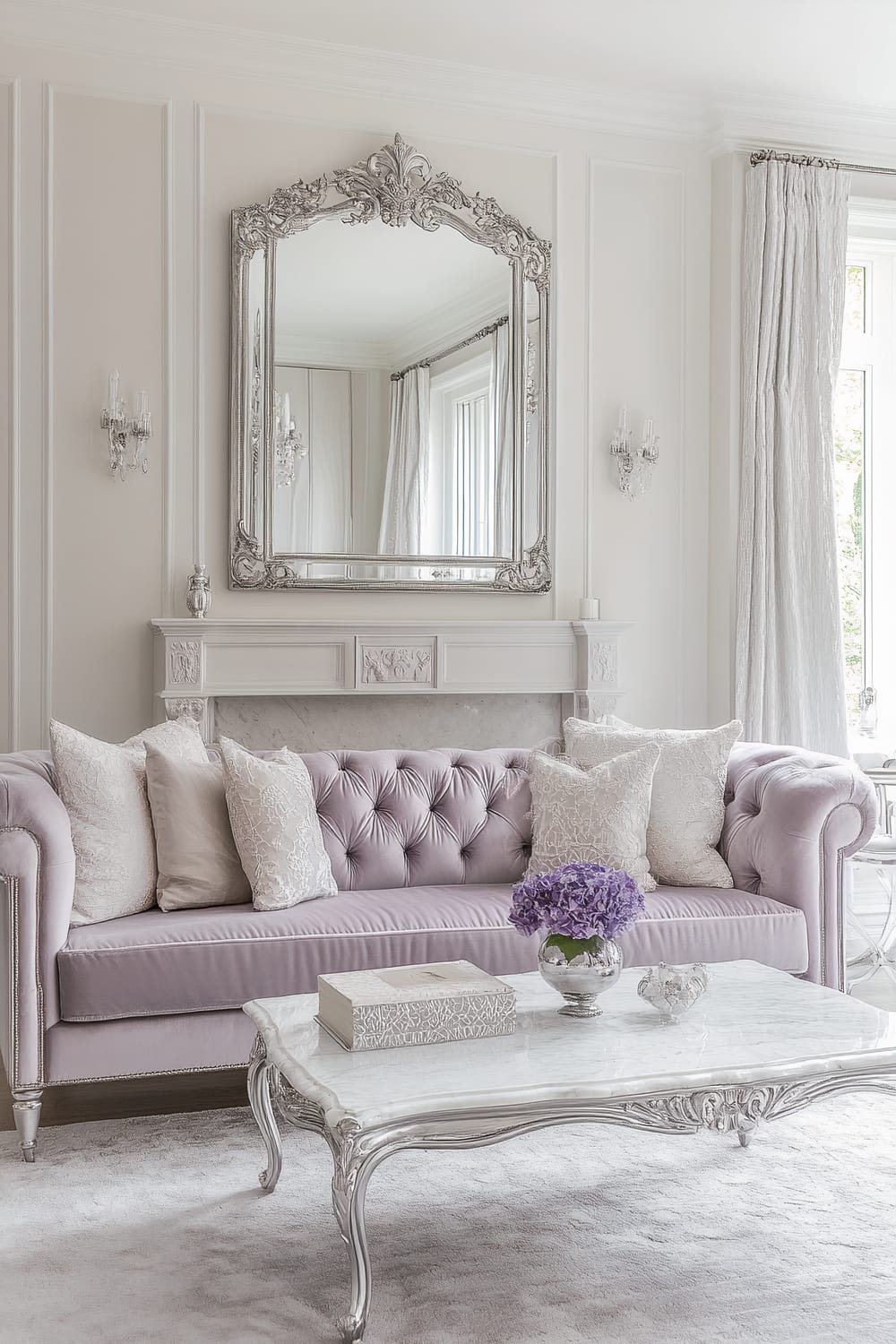 Parisian-inspired living room in lavender tones, featuring a soft lavender tufted velvet sofa adorned with pale cream and lilac throw pillows. A classic marble coffee table with silver detailing stands in front of the sofa, on a soft gray rug. A large, silver-framed mirror hangs above a white stone fireplace. Sheer lavender curtains and pale cream walls add to the calm atmosphere, with fresh lavender flowers on the coffee table.