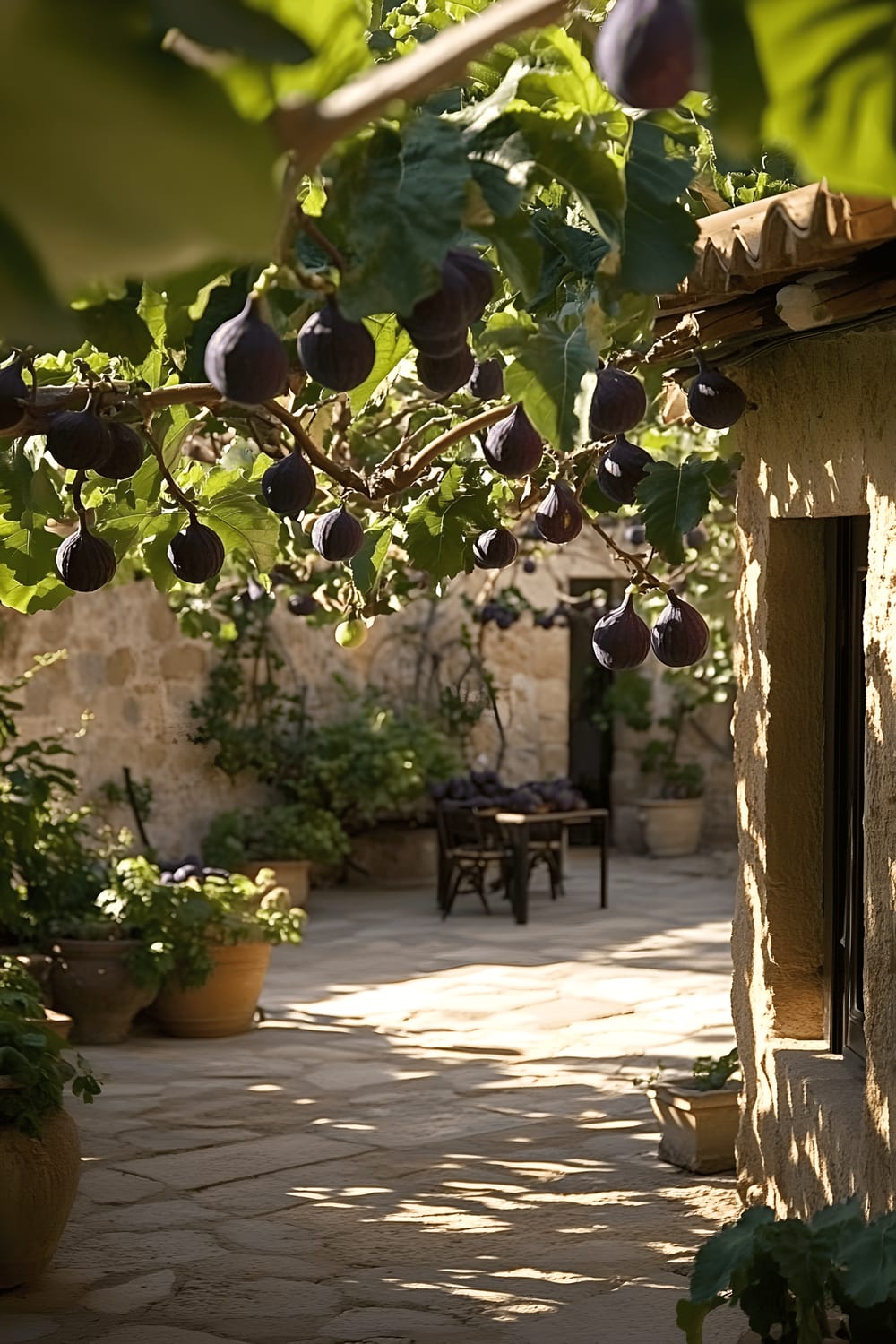 A rustic Mediterranean courtyard bathed in soft golden hour light, with sprawling Ficus carica fig trees displaying their thick, textured branches. Laden with deep purple figs, the trees complement the background view of a terracotta-tiled roof. Warm shadows enhance the aged stone walls, contributing to the overall intimacy and elegance of a summer harvest scene.