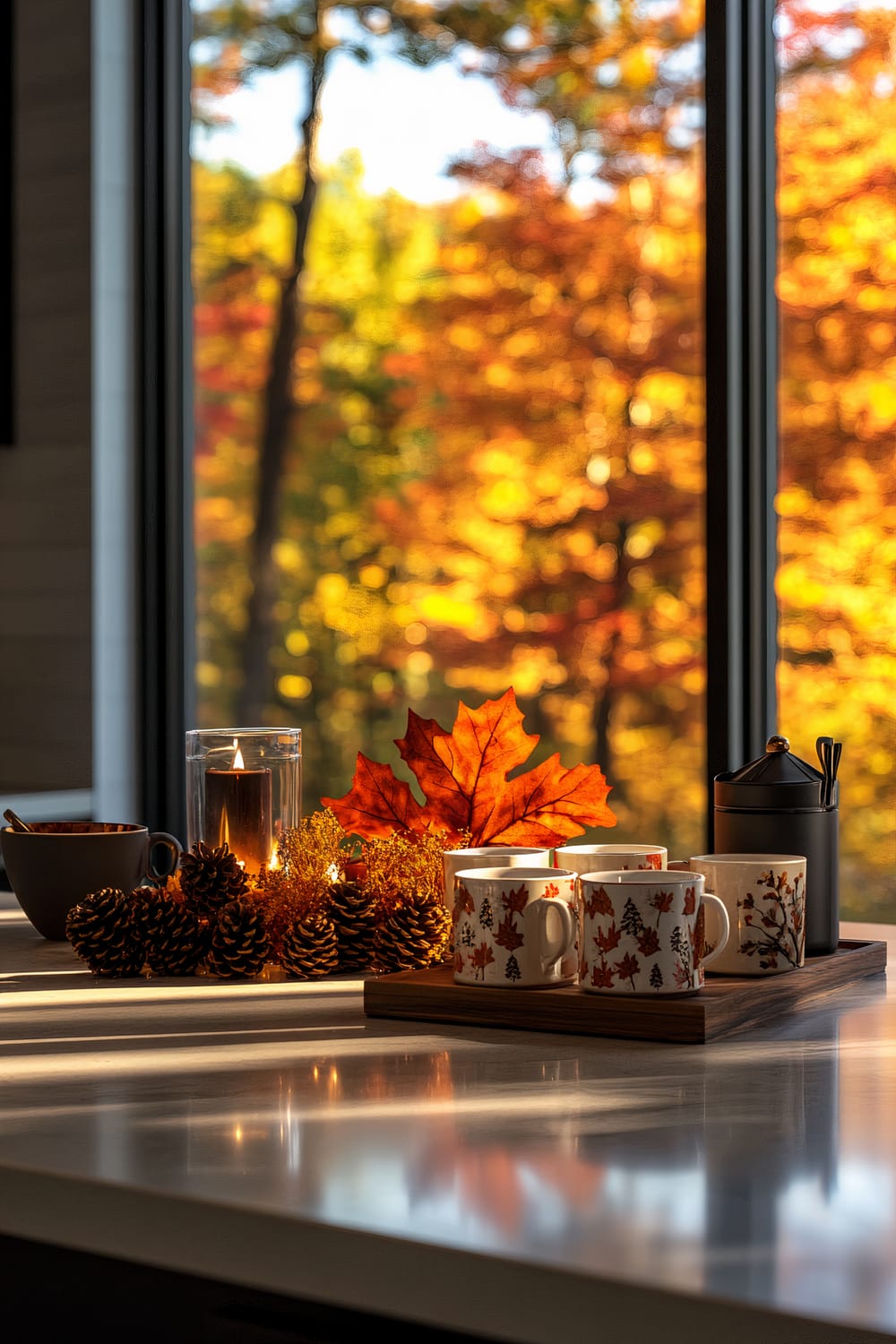 A close-up of a table top decorated for autumn, showing pinecones, a glass-encased candle, a cluster of ceramic mugs with fall motifs, and vibrant autumn leaves. The background features large windows showcasing a forest in peak fall colors.