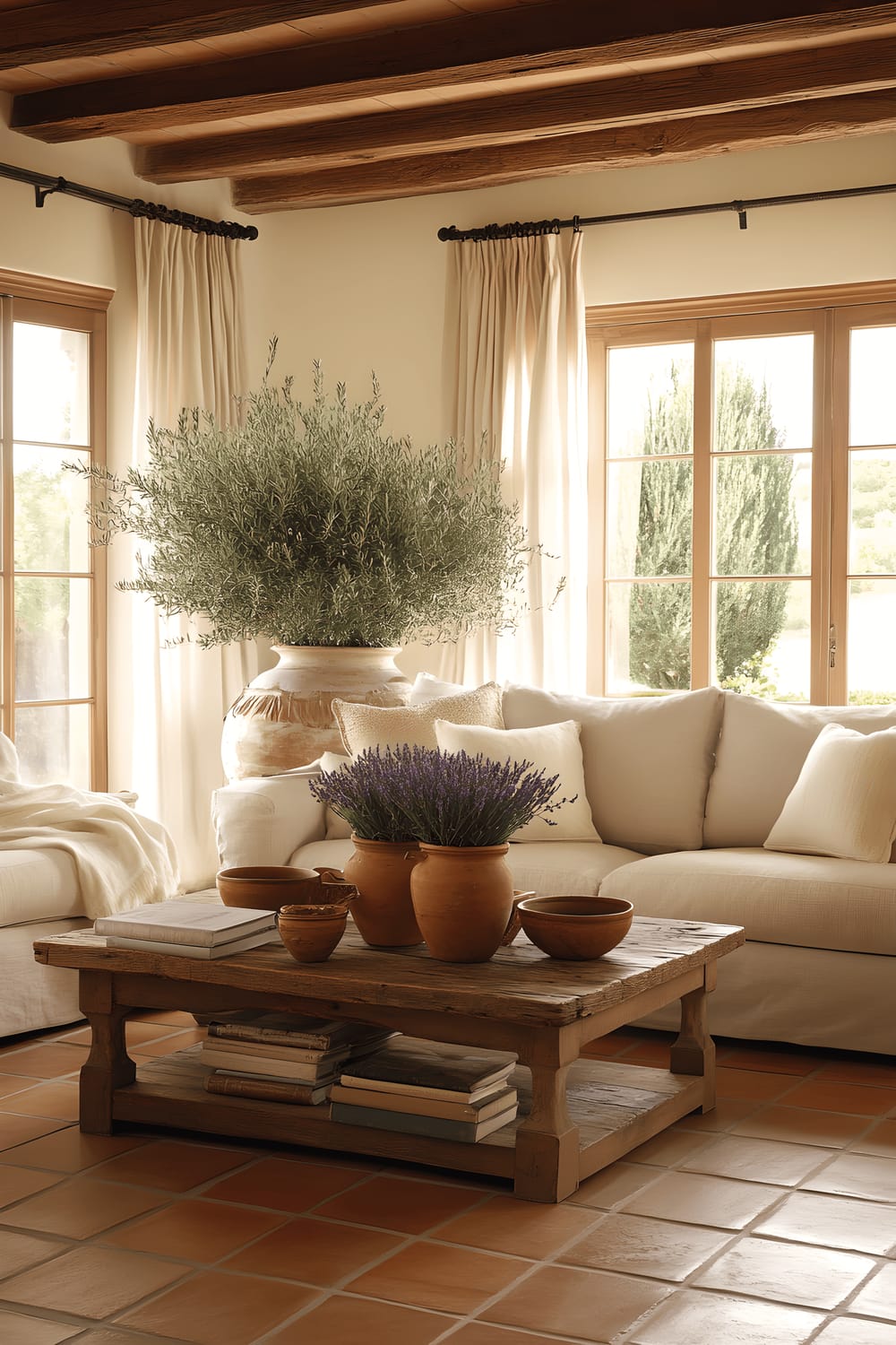 A comfortable and inviting Tuscan-inspired living room featuring exposed wooden beams on the ceiling, warm terracotta floor tiles, large windows covered with transparent curtains, and plush earth-toned sofa. A wooden coffee table with vases of fresh lavender, a vintage chandelier, and decor items including handmade pottery and a large, potted olive tree further enhance the room's ambiance. Soft, textured throws lie invitingly on the sofa.