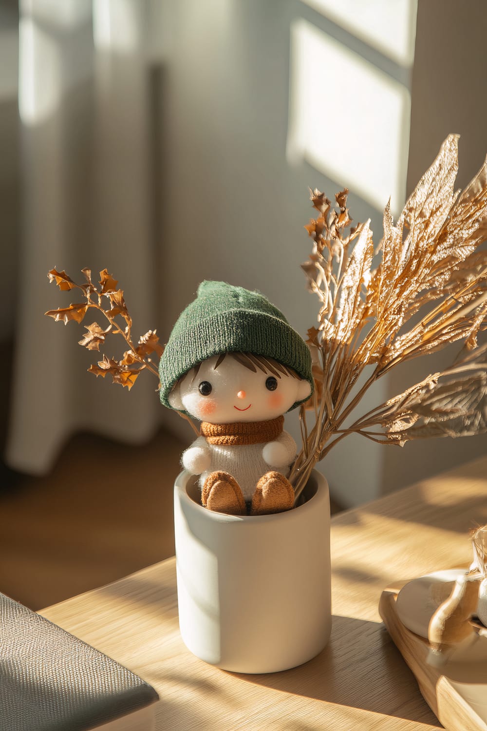 A small elf figurine wearing a green knit hat and a brown scarf is placed in a white planter on a Scandinavian-style wooden coffee table. The planter contains dried, golden foliage. Sunlight filters in through a nearby window, casting soft, natural light on the scene, highlighting the earthy tones in the elf’s clothing and the surrounding decor.