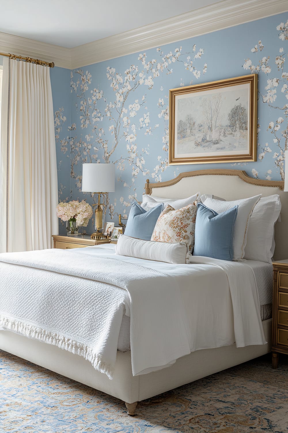 A bedroom with a light blue wallpaper featuring a white floral pattern. The bed is dressed in white linens with accent pillows in shades of blue and beige. There are matching wooden nightstands on either side of the bed, each with a brass lamp and decorative items. Above the bed hangs a gold-framed painting of a landscape. Light curtains are drawn to one side to reveal a bright and airy atmosphere.