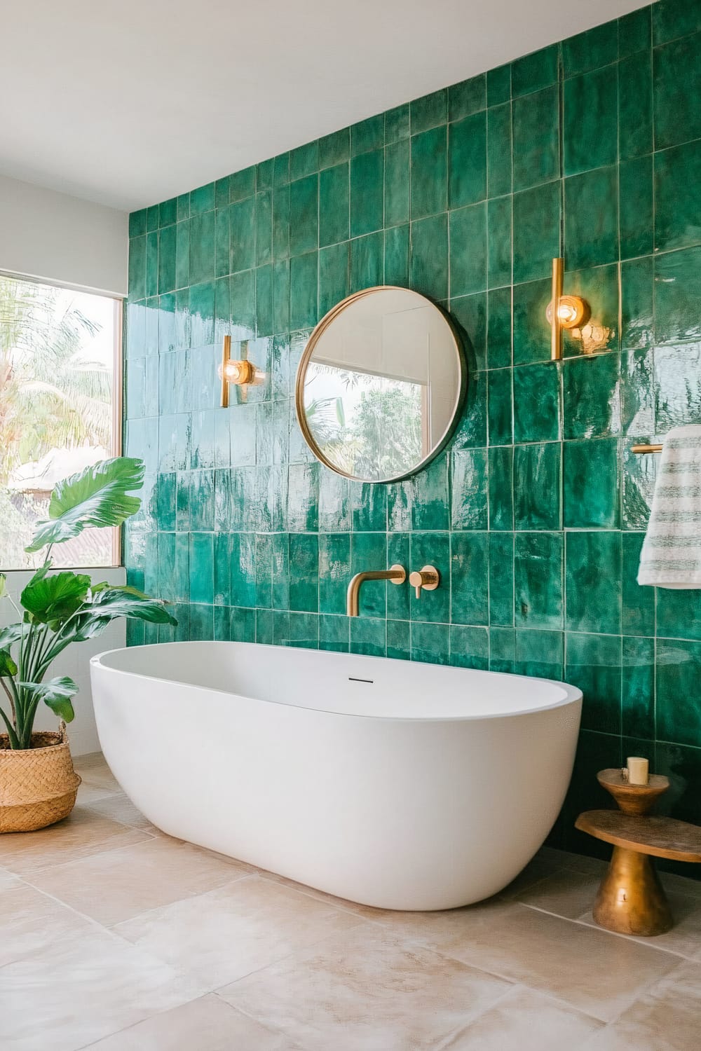 A modern bathroom featuring a deep green tiled wall, a white freestanding bathtub, and gold fixtures including a round mirror and wall-mounted lights. A green potted plant in a woven basket sits beside the bathtub, which is on a neutral-colored tiled floor. A small wooden side table with a candle completes the serene setup.