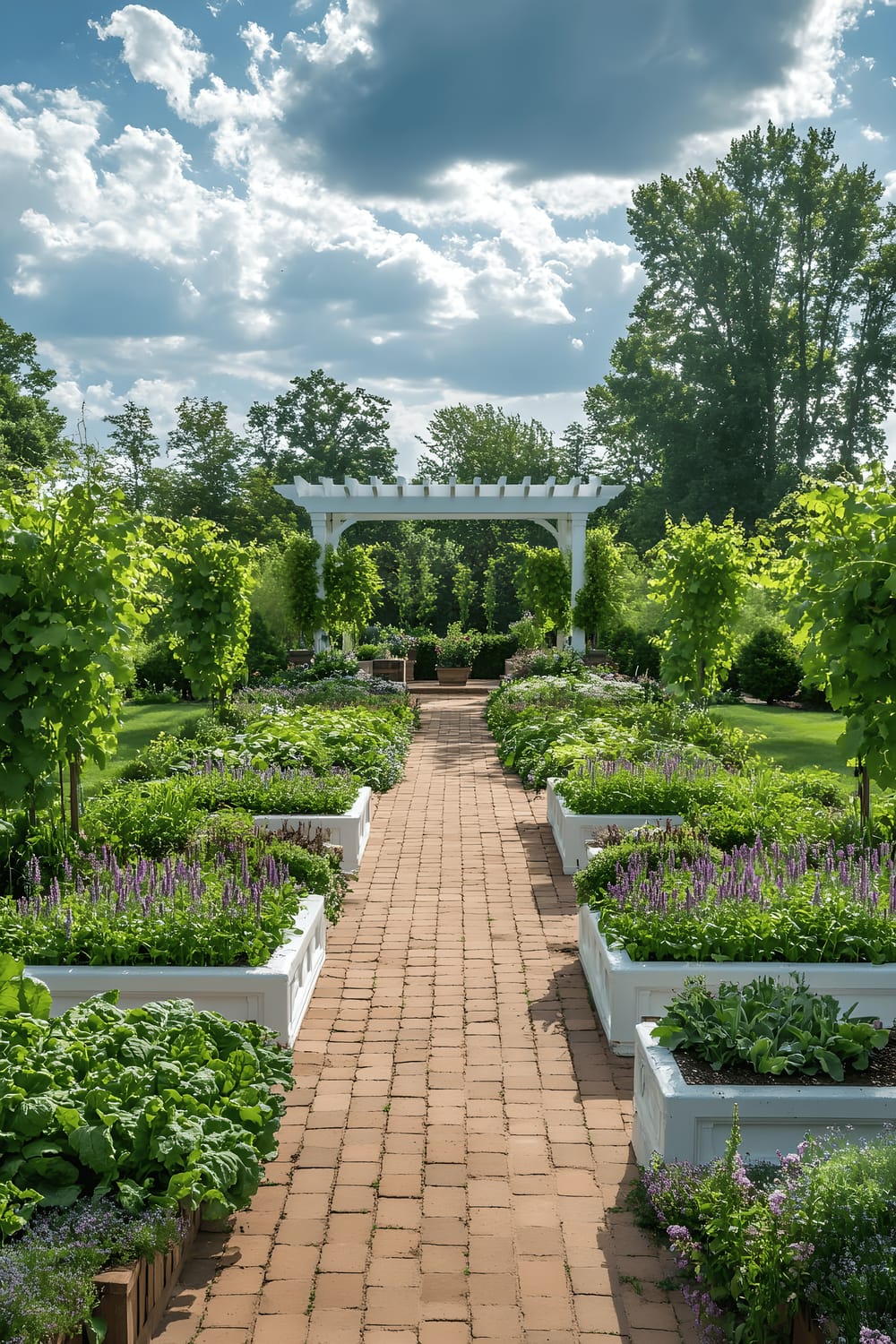 A careful layout of a well-maintained vegetable garden with symmetrical positioning of raised stone beds, each hosting different types of vegetables notably arugula, rainbow chard, Romanesco cauliflower, bordered by lavender plants. Brick pathways intersect the garden, leading to a white pergola covered with climbing grapevines at the far end.