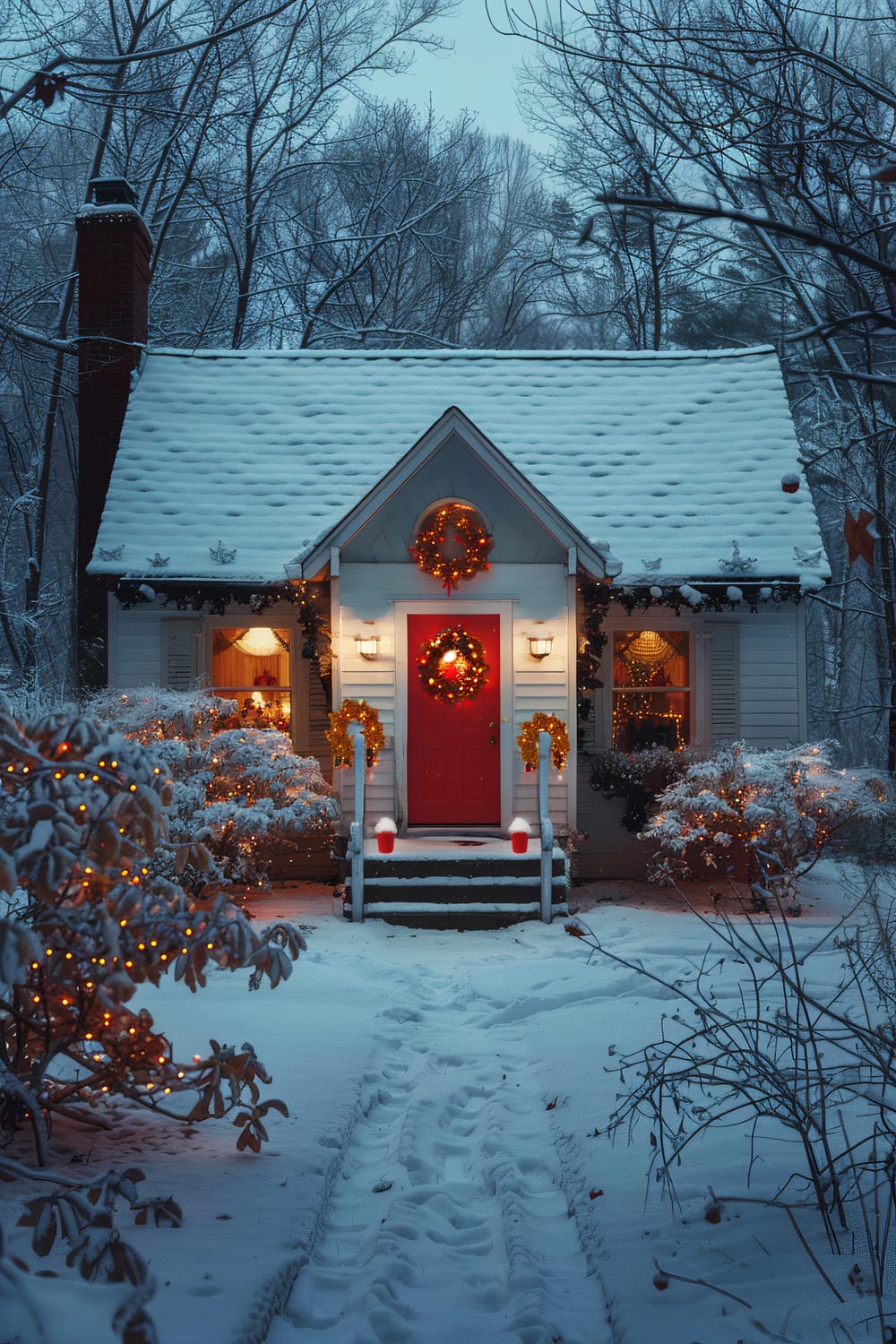 A quaint, snow-covered cottage with Christmas decorations. The small house has a gabled roof draped in snow and a prominent brick chimney. icicles hang from the eaves. The red front door is adorned with a festive wreath illuminated by warm lights. Two lampposts flank the door, each wrapped in garlands. The house's windows reveal a warm, inviting interior. Snow-covered foliage around the house is decorated with string lights, enhancing the holiday atmosphere.