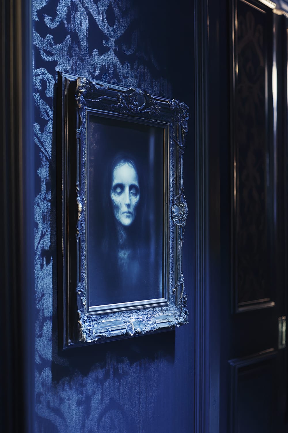 A closeup view of an ornate portrait frame hanging on a deep navy wall in a luxurious mansion's art gallery. The frame holds a subtle, ghostly image of a spectral figure with a serene yet eerie expression. The portrait is dramatically highlighted by focused lighting, creating an eerie glow around the figure.