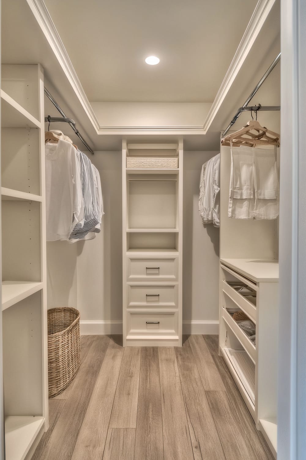 An organized small walk-in closet with white cabinetry, shelves, and drawers. There are clothes hanging on both sides, a wicker basket on the floor, and light wooden flooring.