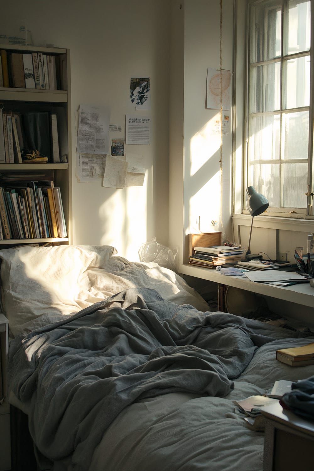 A bedroom with a slightly messy bed covered with a grey blanket. The room has white walls and is illuminated by natural daylight streaming through a window on the right. A white desk cluttered with books, papers, and a single lamp is alongside the window. Books and papers are pinned to the wall above the desk and bed. A bookshelf filled with books is visible next to the bed.