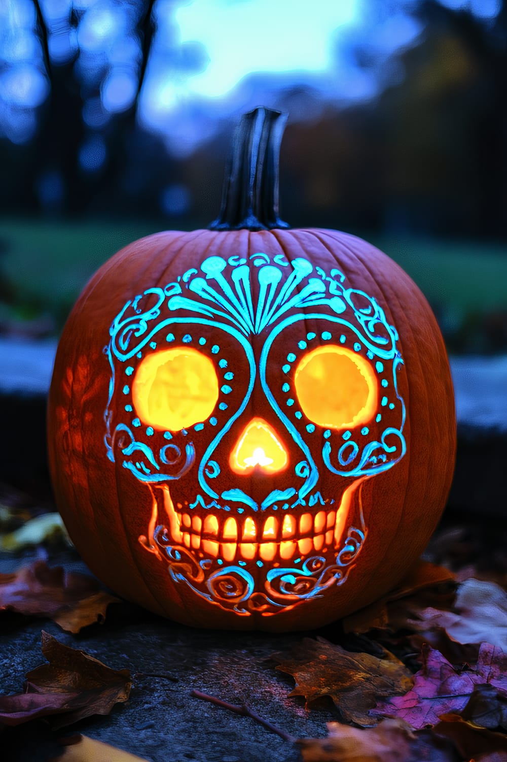 A carved pumpkin with an intricately detailed sugar skull design illuminated from within, creating a glowing effect. The pumpkin is positioned outdoors on a stone surface with scattered autumn leaves around it. The background is blurred but shows a darkened garden or park setting, suggesting evening or twilight.