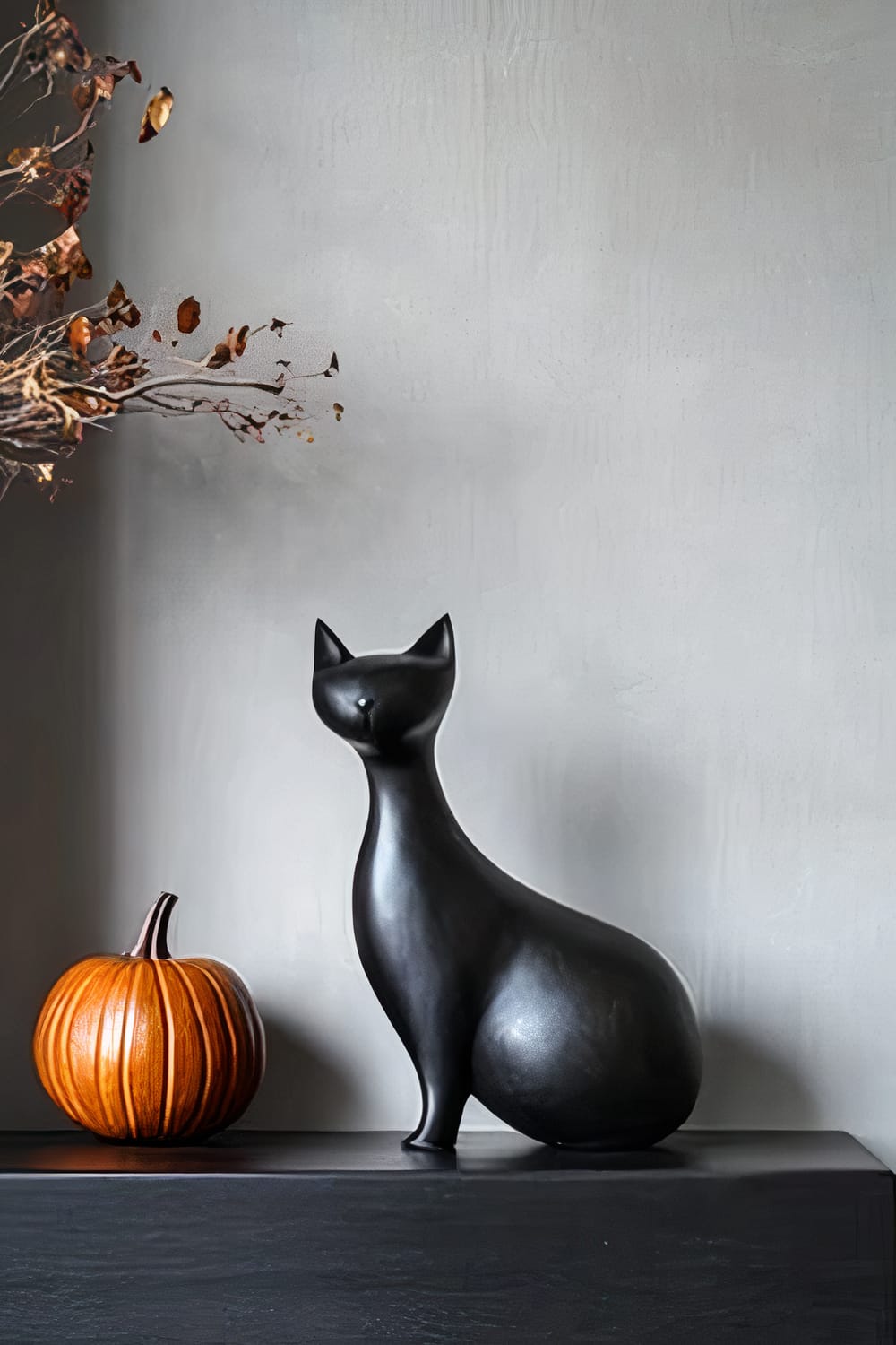 A minimalist scene featuring a sleek black cat sculpture on a dark wood shelf. Beside the sculpture is a small, orange pumpkin. Additionally, there are some dried branches with leaves extending from the left side of the frame. The background is a plain, muted wall with subtle lighting that casts gentle shadows.