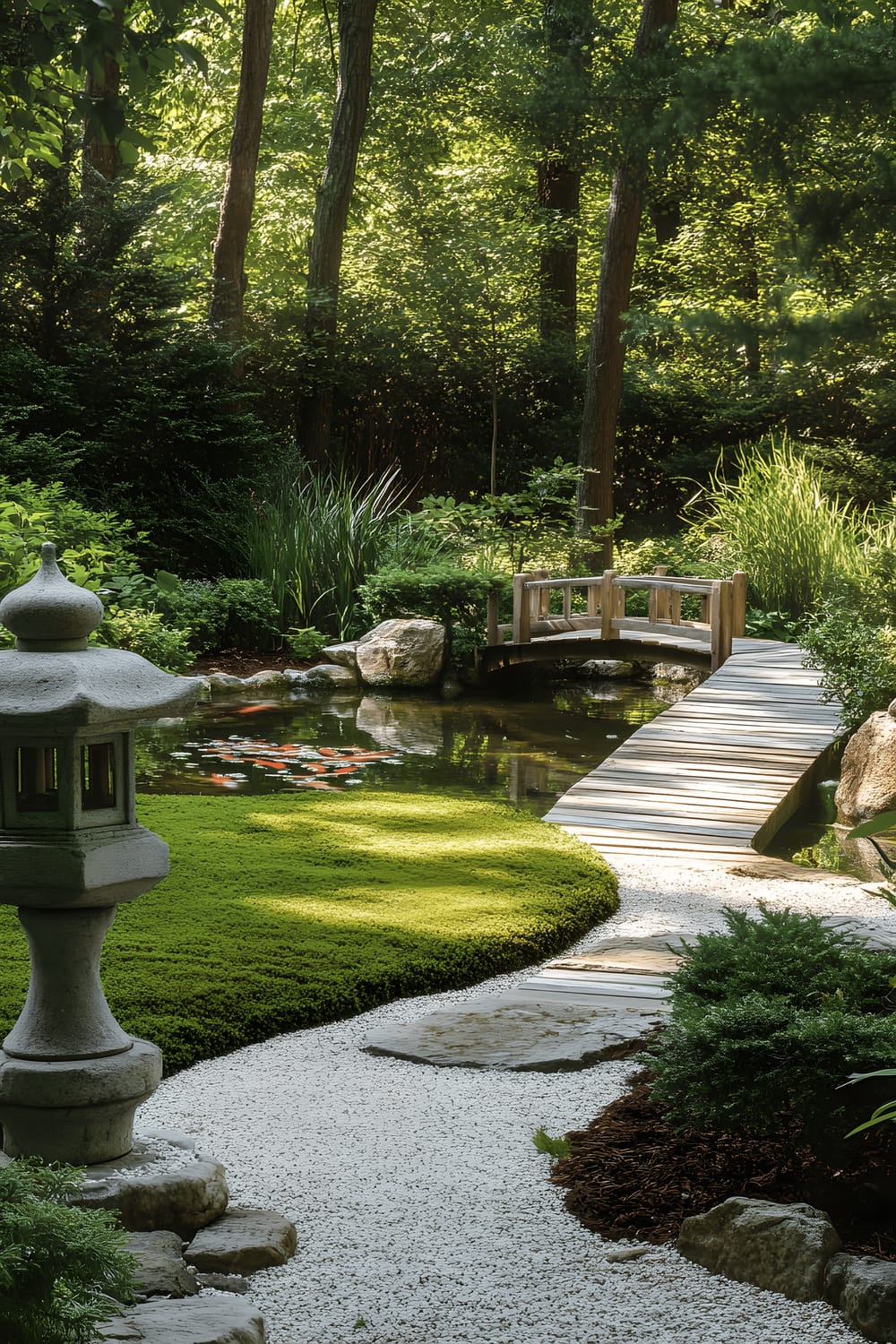 A serene Japanese Zen garden depicting a pristinely trimmed moss lawn punctuated by a weathered stone lantern, with a meticulously raked gravel path leading to a wooden bridge that arches over a calm koi pond.