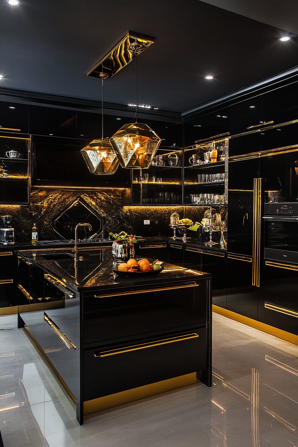 An opulent kitchen featuring glossy black cabinetry and gold accents. The room is illuminated by geometric pendant lights with golden tones suspended above a black countertop kitchen island. The cabinetry includes open shelves displaying glassware, adding a sophisticated touch. The kitchen's back wall features a dark marble backsplash and an additional built-in sink below a diamond-shaped accent. The surfaces reflect the ambient lighting, enhancing the modern and luxurious ambiance.