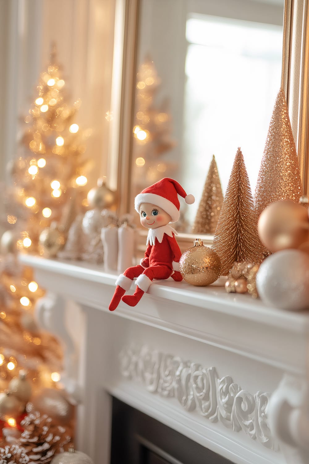 A playful Elf on the Shelf, dressed in a bright red outfit with white accents, sits atop a sleek white mantelpiece. The mantel is adorned with glittering gold and white Christmas decorations, including cone-shaped trees and ornaments. In the background, golden fairy lights and a sparsely decorated Christmas tree contribute to a warm, festive ambiance.