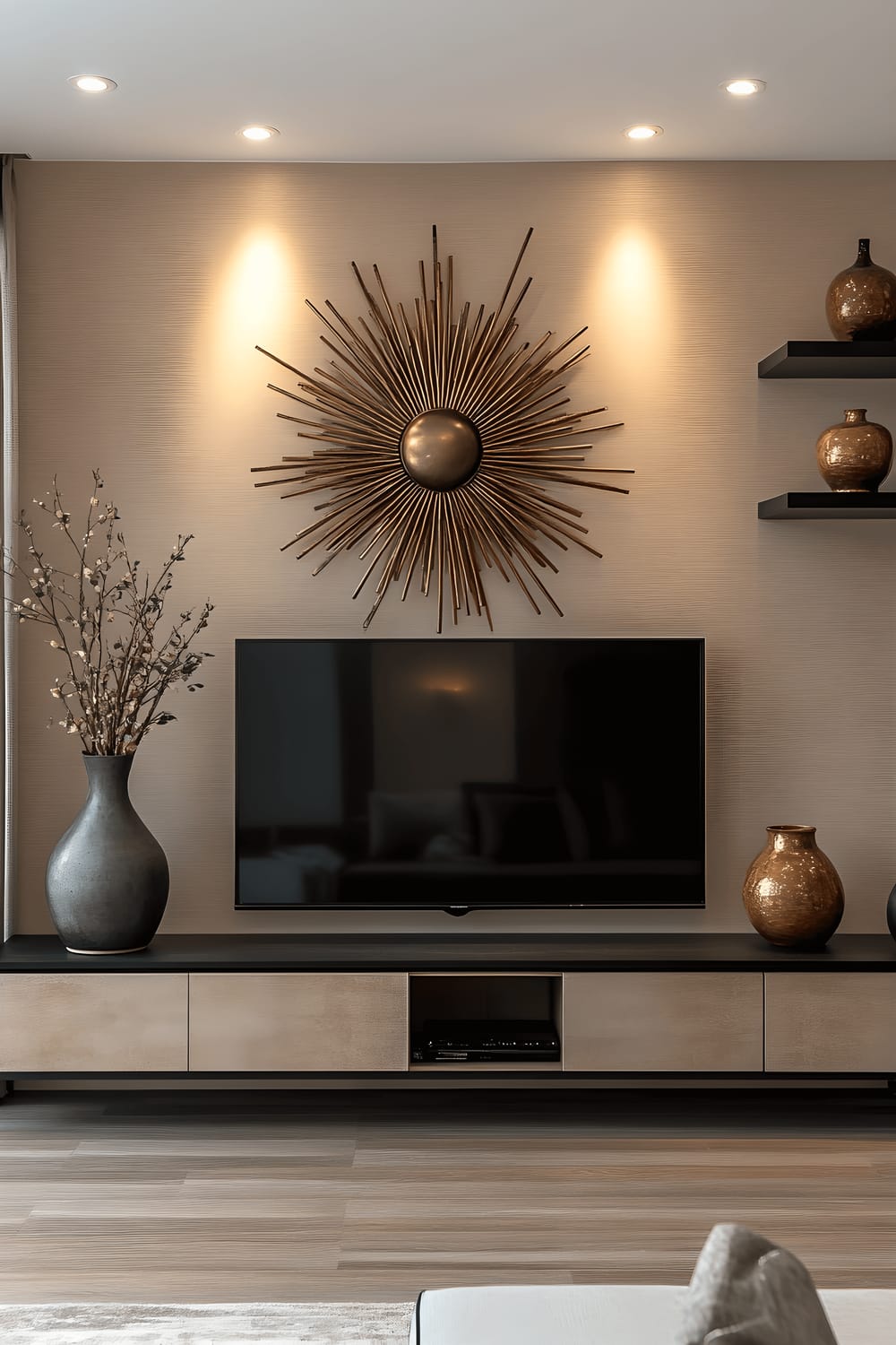 A television screen positioned against a soft beige wall is gracefully framed by an impressive midcentury, brushed gold, sunburst metal art piece. Either side of the TV, stylish black metal floating shelves display a variety of ceramic vases under gentle ambiance of side lighting.