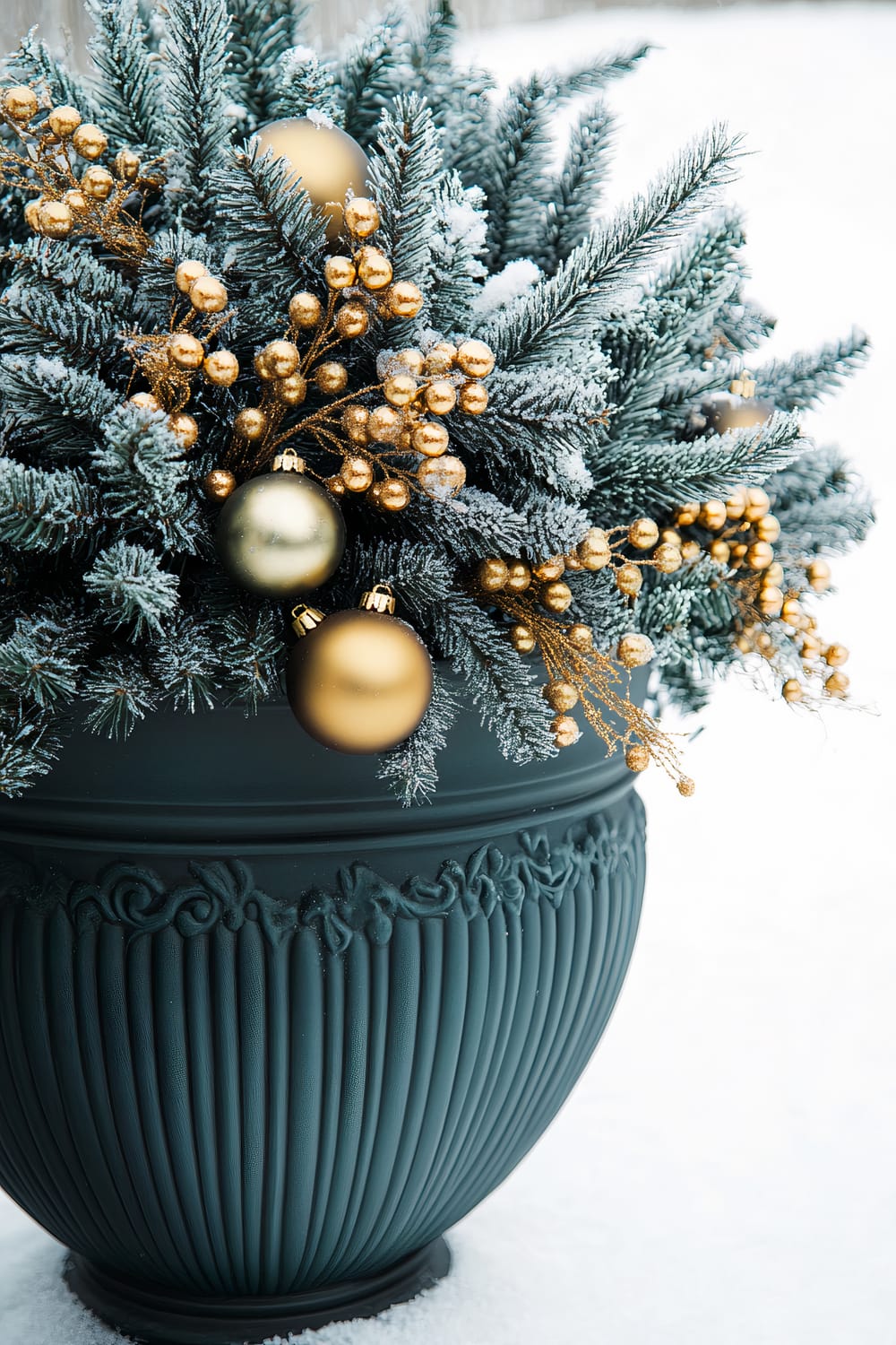 A large dark green planter filled with Blue Spruce branches and adorned with gold metallic ornaments and berries. The detailed vase stands on a snowy white ground, and the branches are lightly dusted with snow. Golden baubles are scattered throughout the arrangement, adding a touch of elegance to the winter scene.