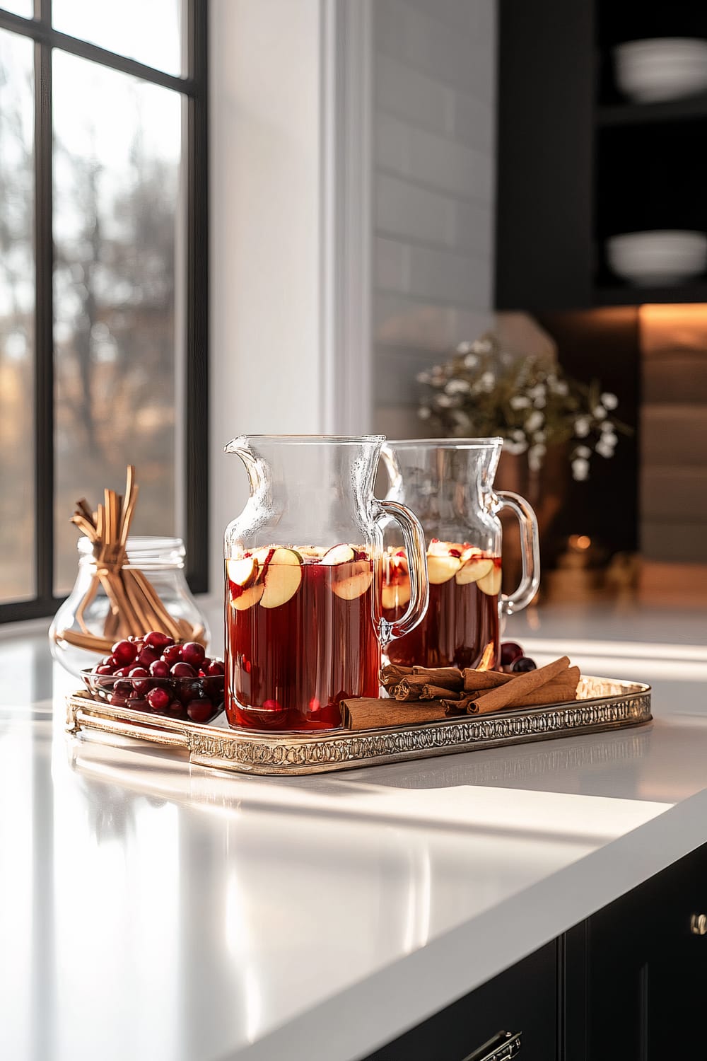 A modern kitchen with a white countertop featuring a beverage station. Two vintage glass pitchers containing spiced apple cider and mulled wine sit on a metallic tray along with a small bowl of fresh cranberries and a decorative jar of cinnamon sticks. Warm natural light streams in through a nearby window, highlighting the clean and organized setup.