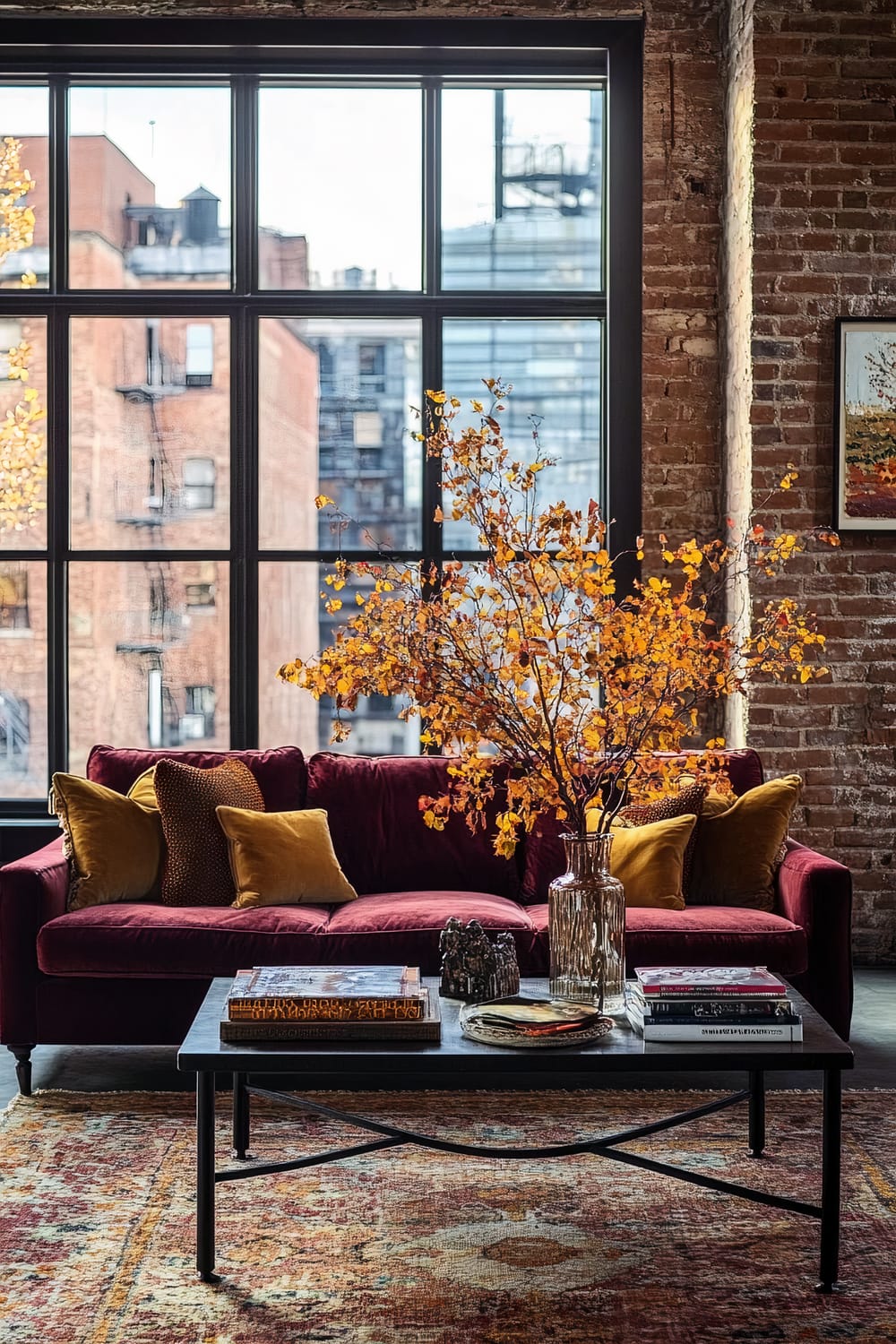 An industrial-style living room featuring a large window with black frames and exposed brick walls. The focal point is a plush, deep red velvet sofa adorned with various throw pillows in shades of mustard yellow and textured brown. In front of the sofa is a black metal coffee table topped with books and decorative items. A tall glass vase with autumnal branches with yellow and orange leaves acts as a center display on the table. A colorful area rug with warm tones covers the floor, and a framed artwork is visible on the right wall.