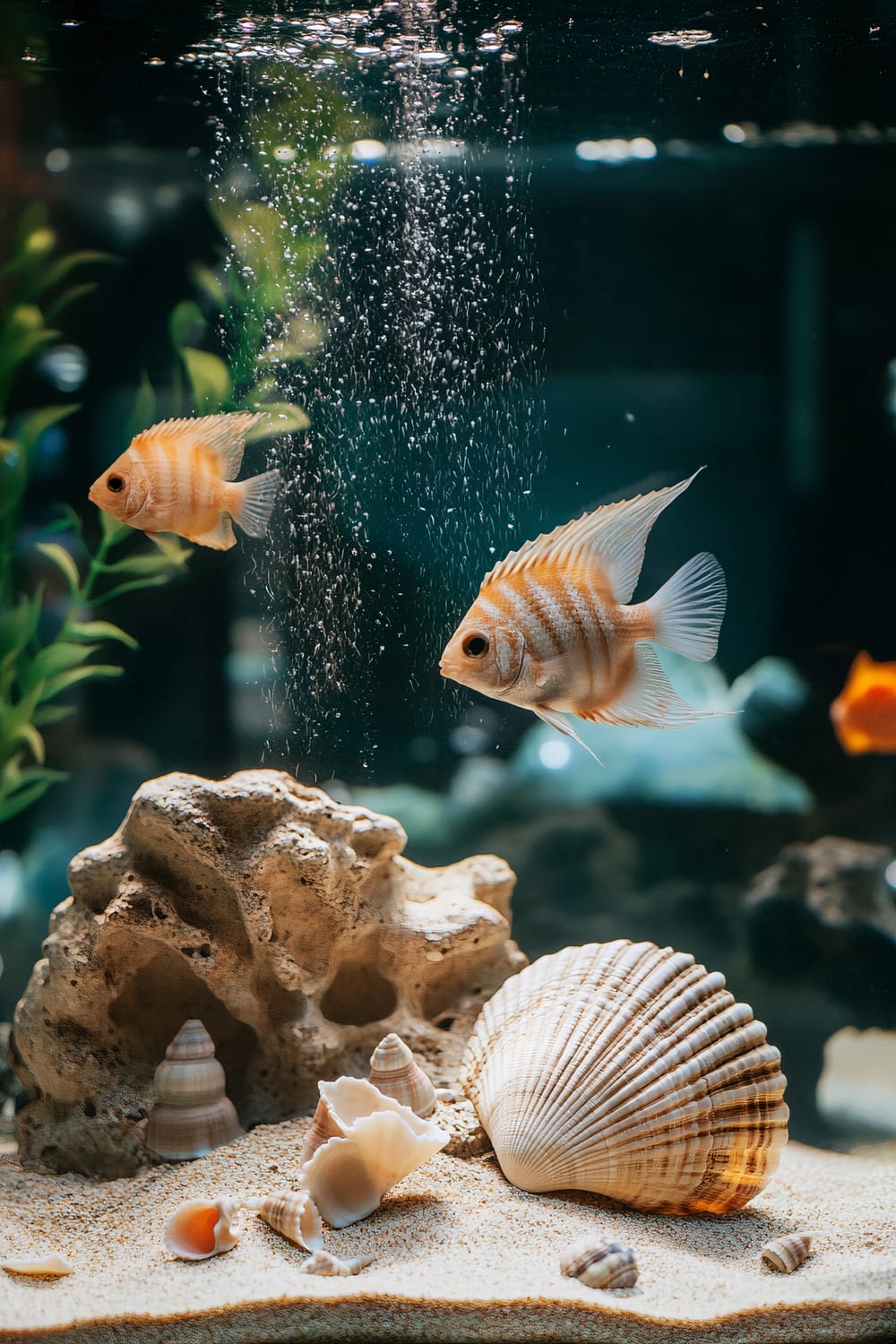 A beach-themed fish tank with a sandy bottom, seashells, and minimal decorations. Two orange-striped fish swim in the tank, with plants in the background and an air bubble stream rising up.